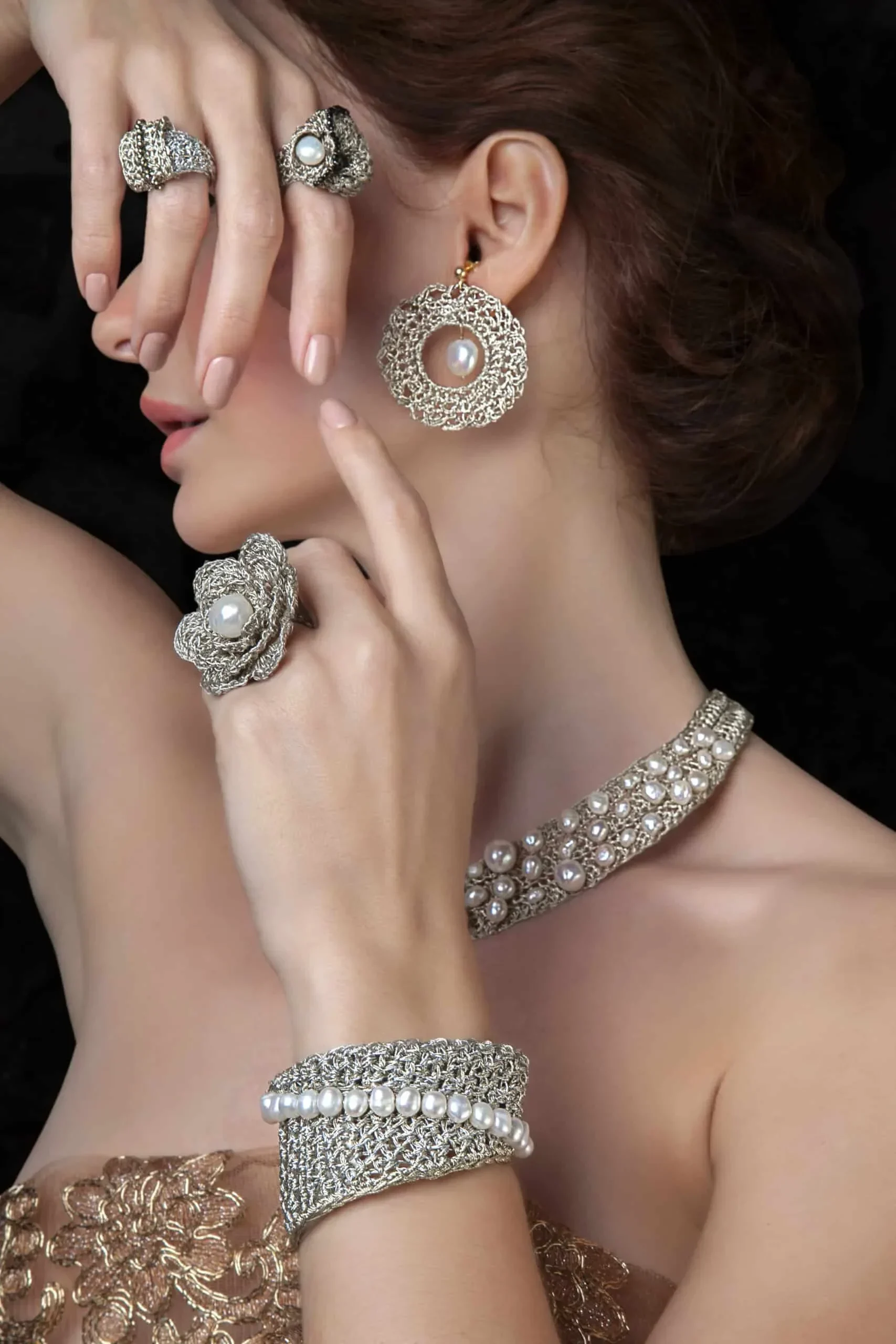 Handmade Jewellery | Round crochet knit silver earrings with pearls gallery 1