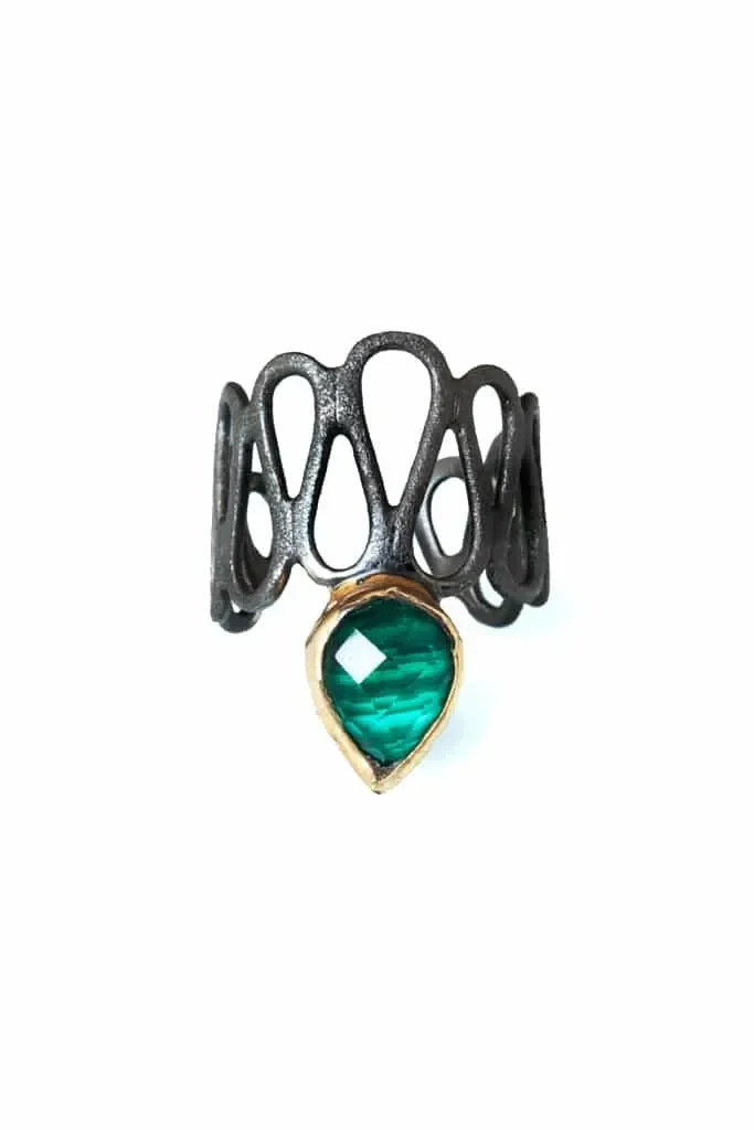 Handmade Jewellery | Malachite adjustable black rhodium plated silver chevalier ring main
