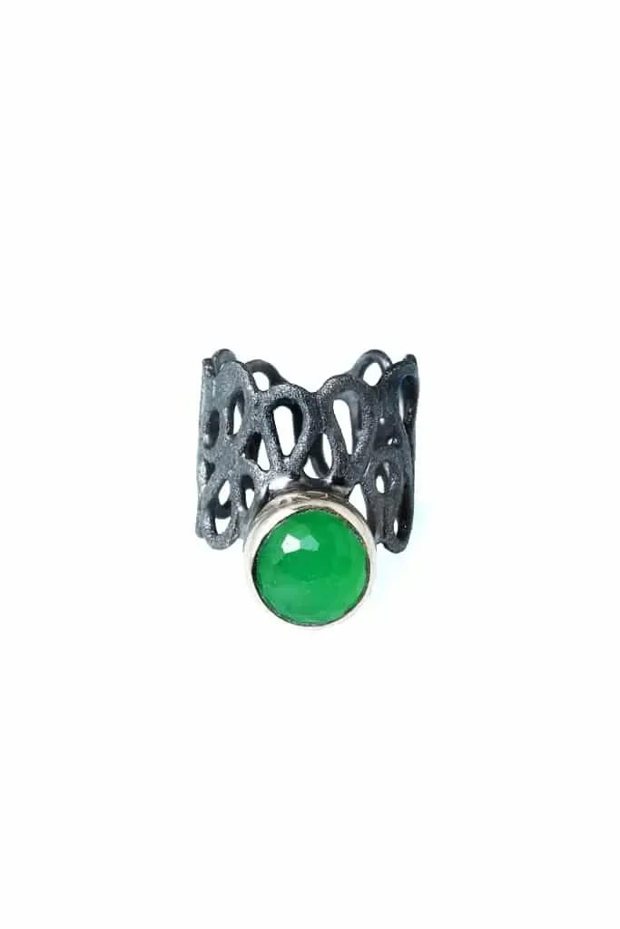 Handmade Jewellery | Jade adjustable black rhodium plated silver chevalier ring main
