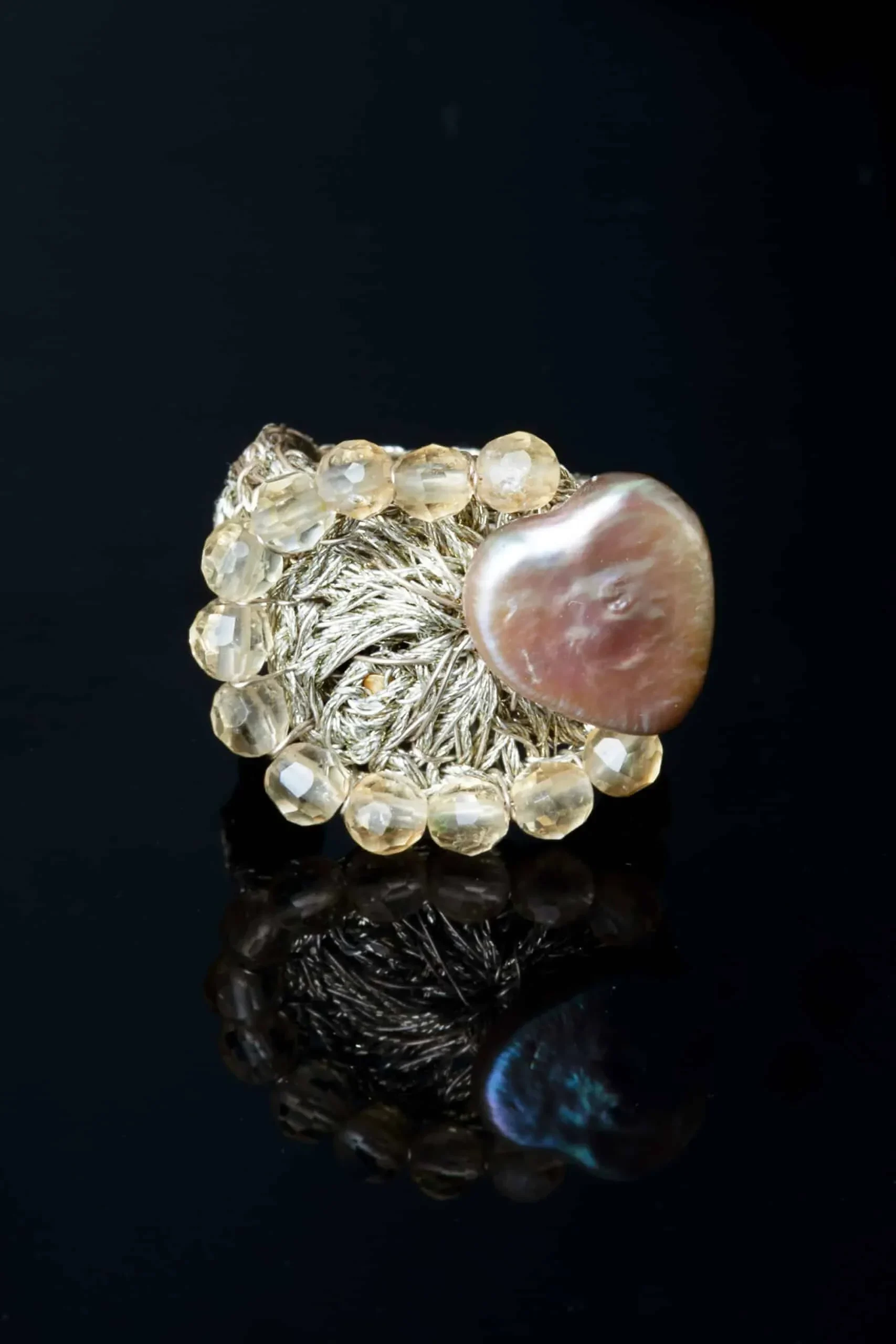Handmade Jewellery | Crochet knit silver ring with pearl and quartz gallery 2