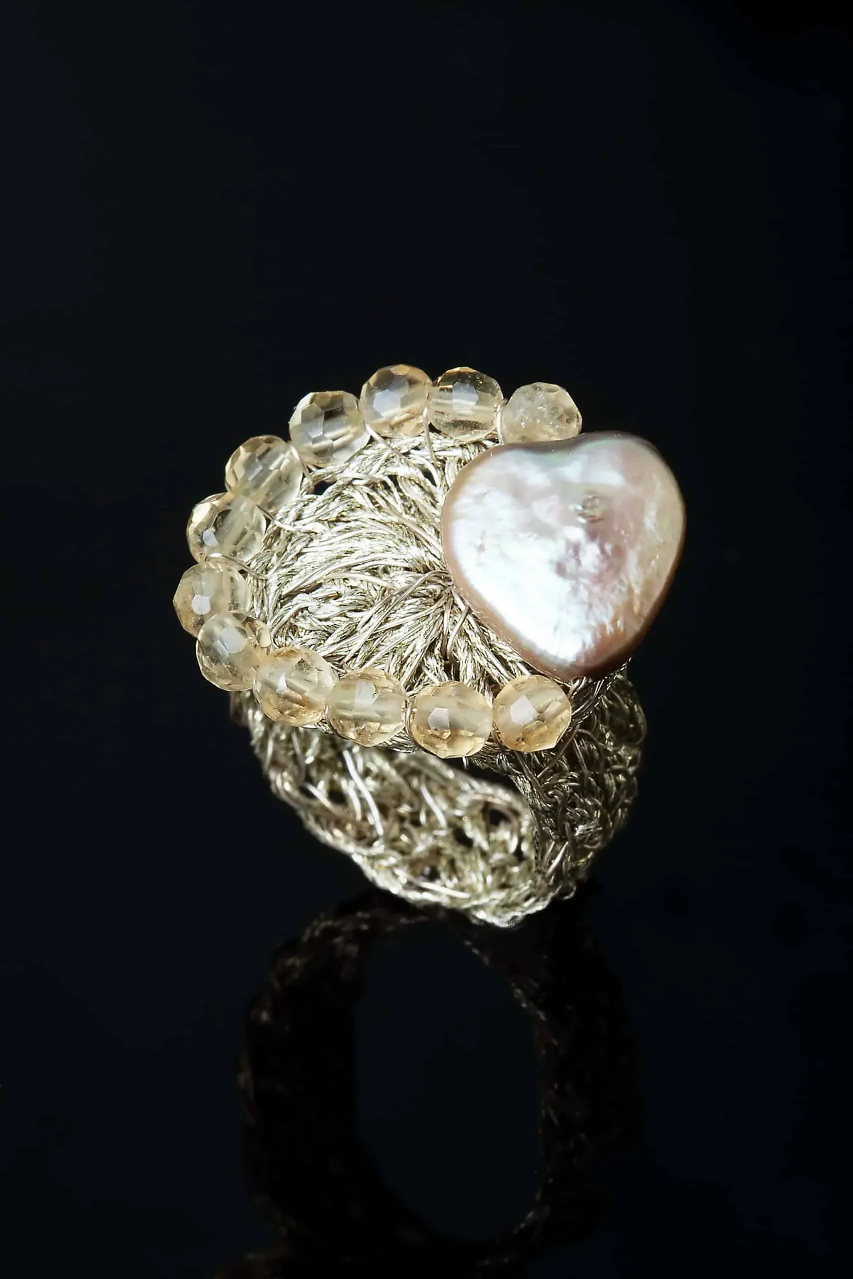 Handmade Jewellery | Crochet knit silver ring with pearl and quartz gallery 1