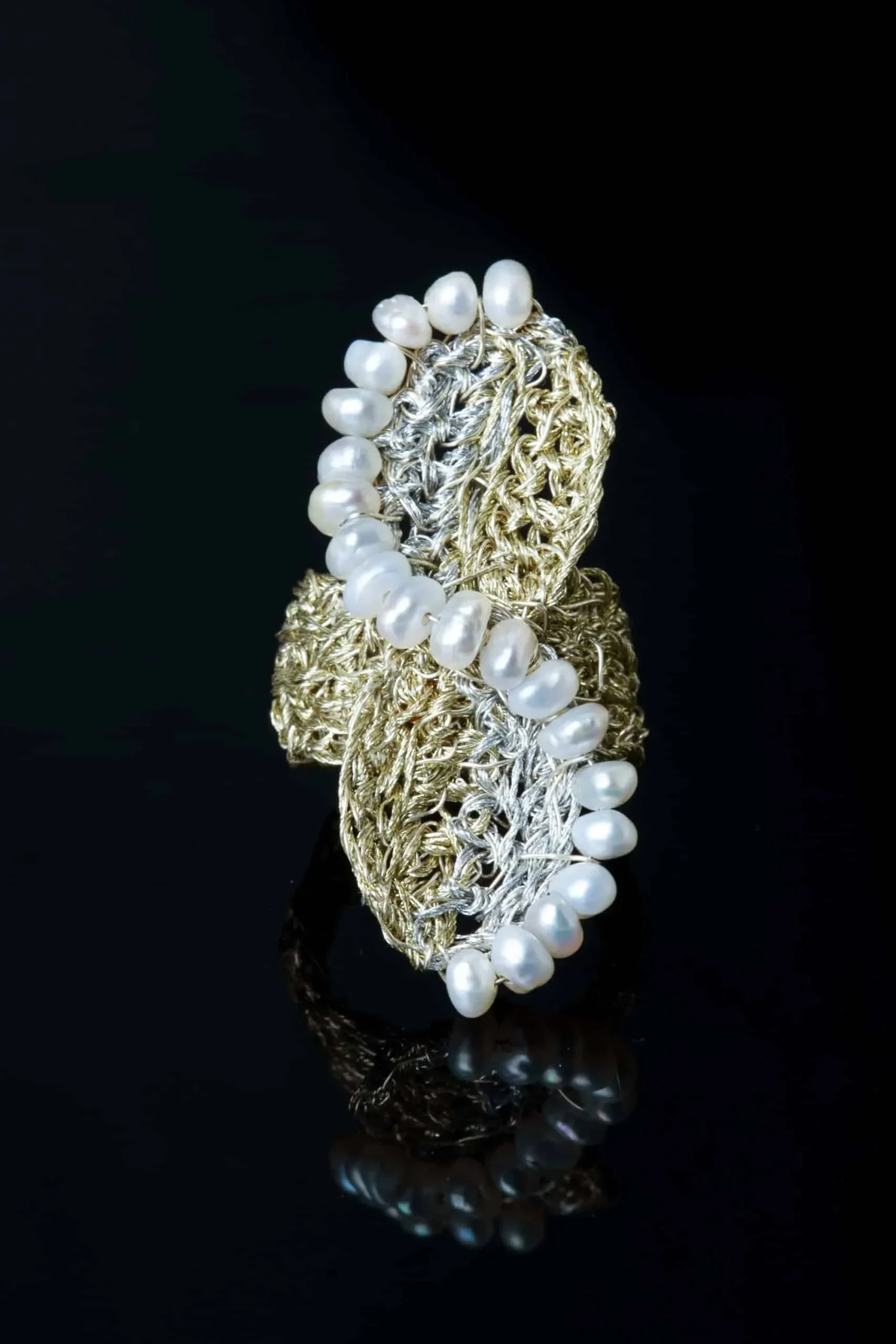 Handmade Jewellery | Crochet knit silver ring with pearls gallery 1