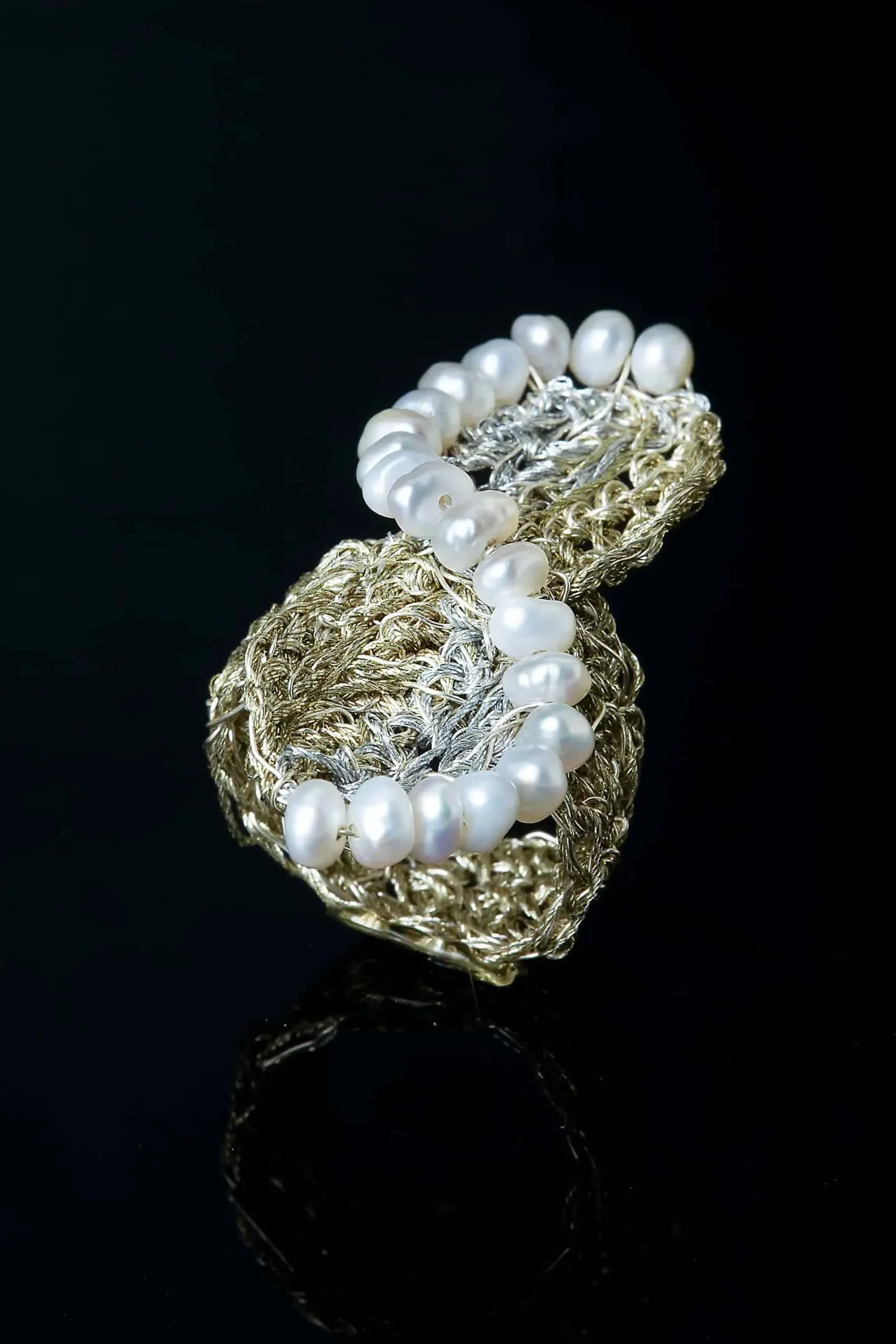 Handmade Jewellery | Crochet knit silver ring with pearls gallery 2