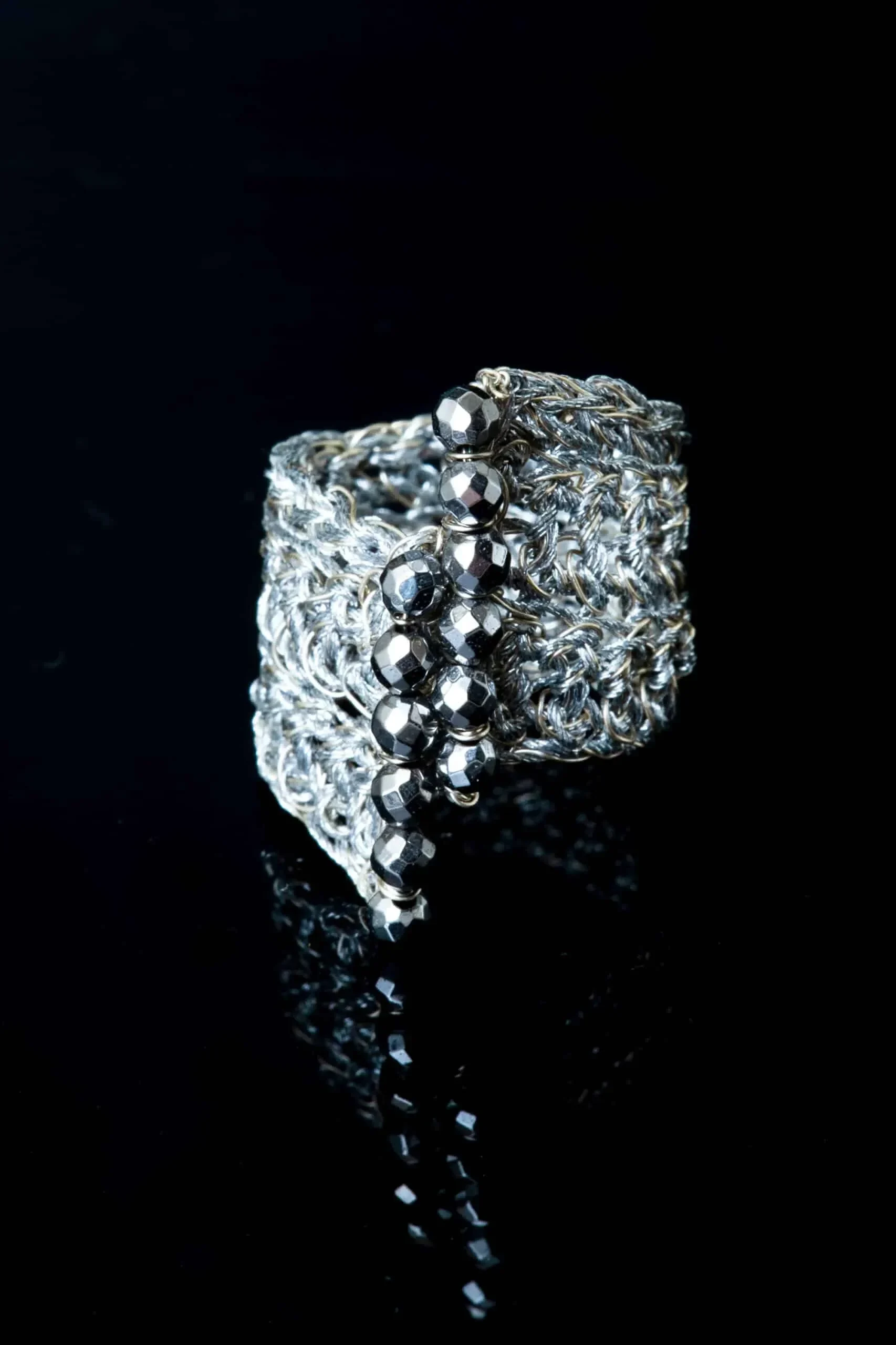 Handmade Jewellery | Crochet knit silver ring with hematite gallery 3