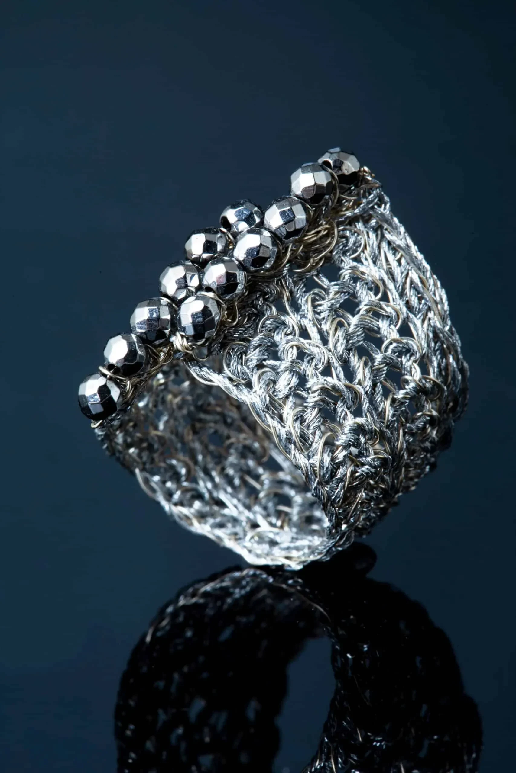 Handmade Jewellery | Crochet knit silver ring with hematite gallery 2