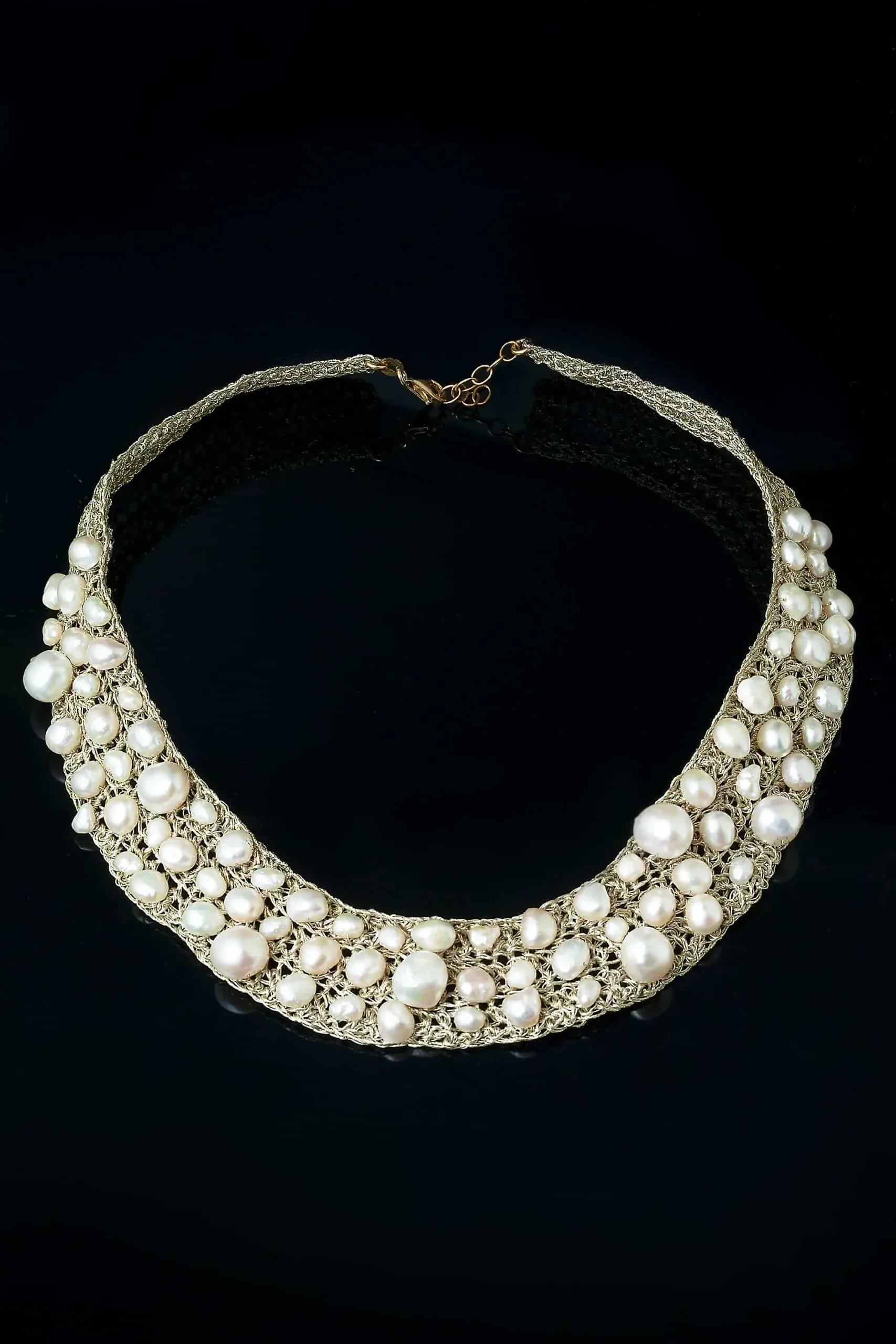 Handmade Jewellery | Crochet knit silver statement necklace with and pearls gallery 2