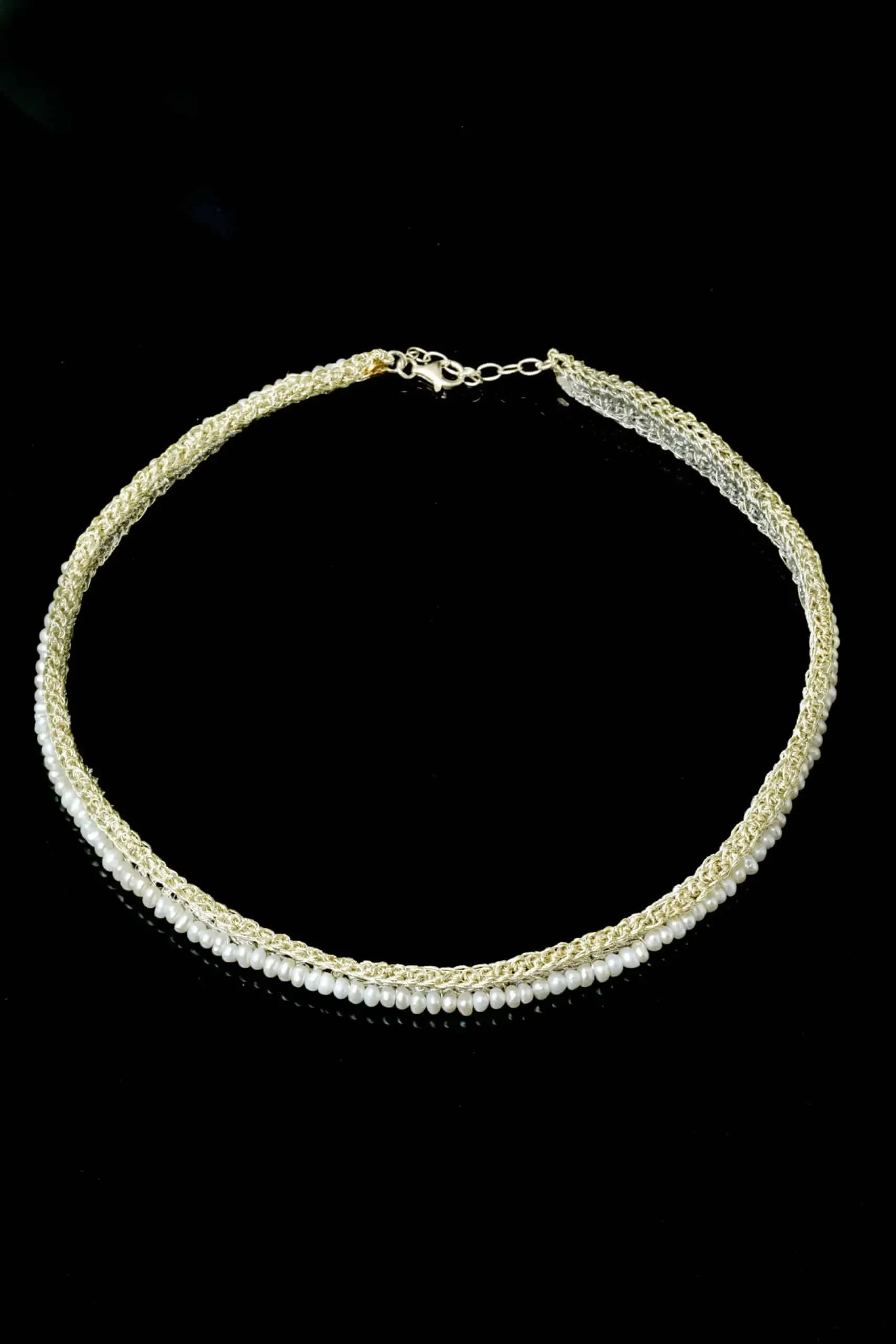 Handmade Jewellery | Crochet knit silver necklace with and pearls gallery 1