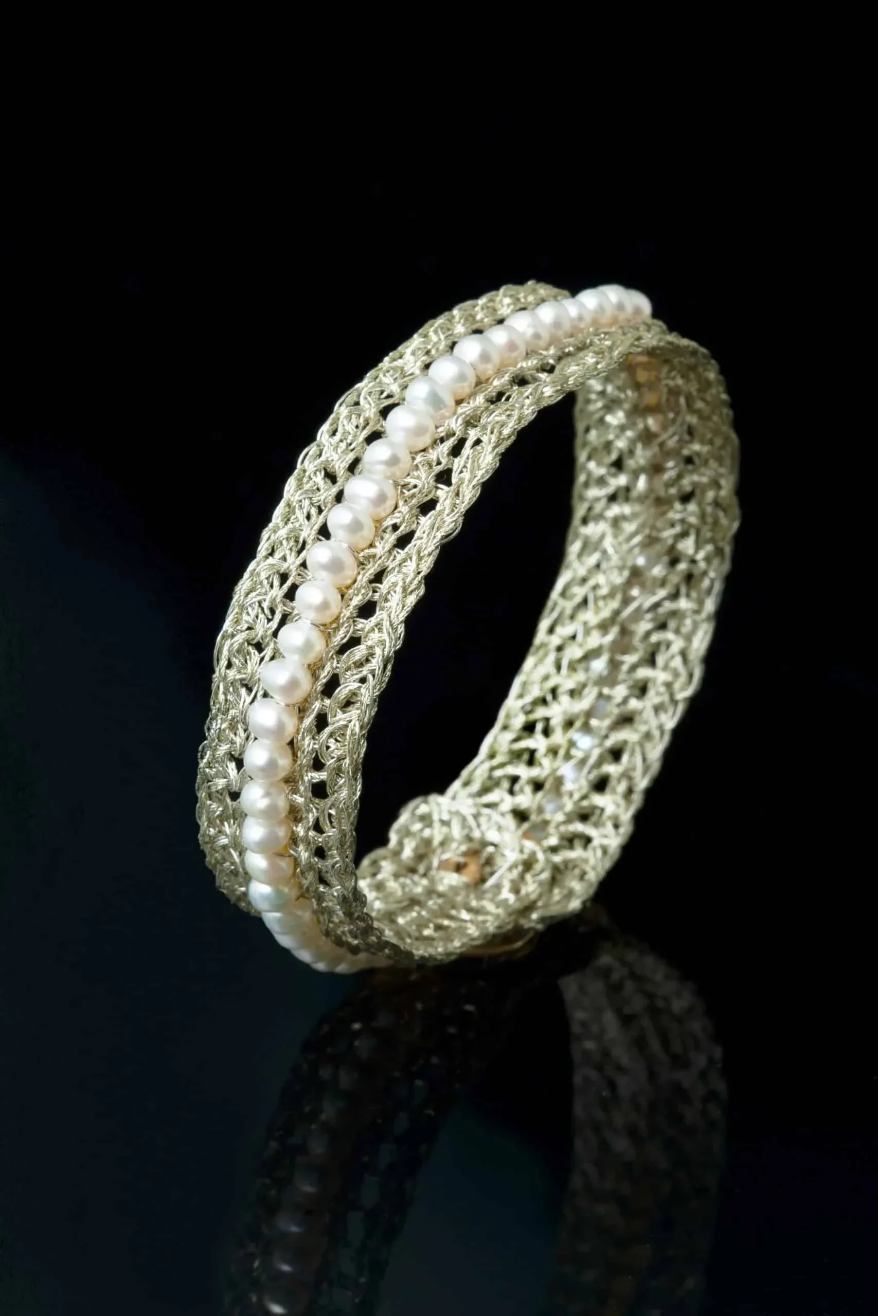 Handmade Jewellery | Crochet knit silver bracelet with and pearls gallery 1