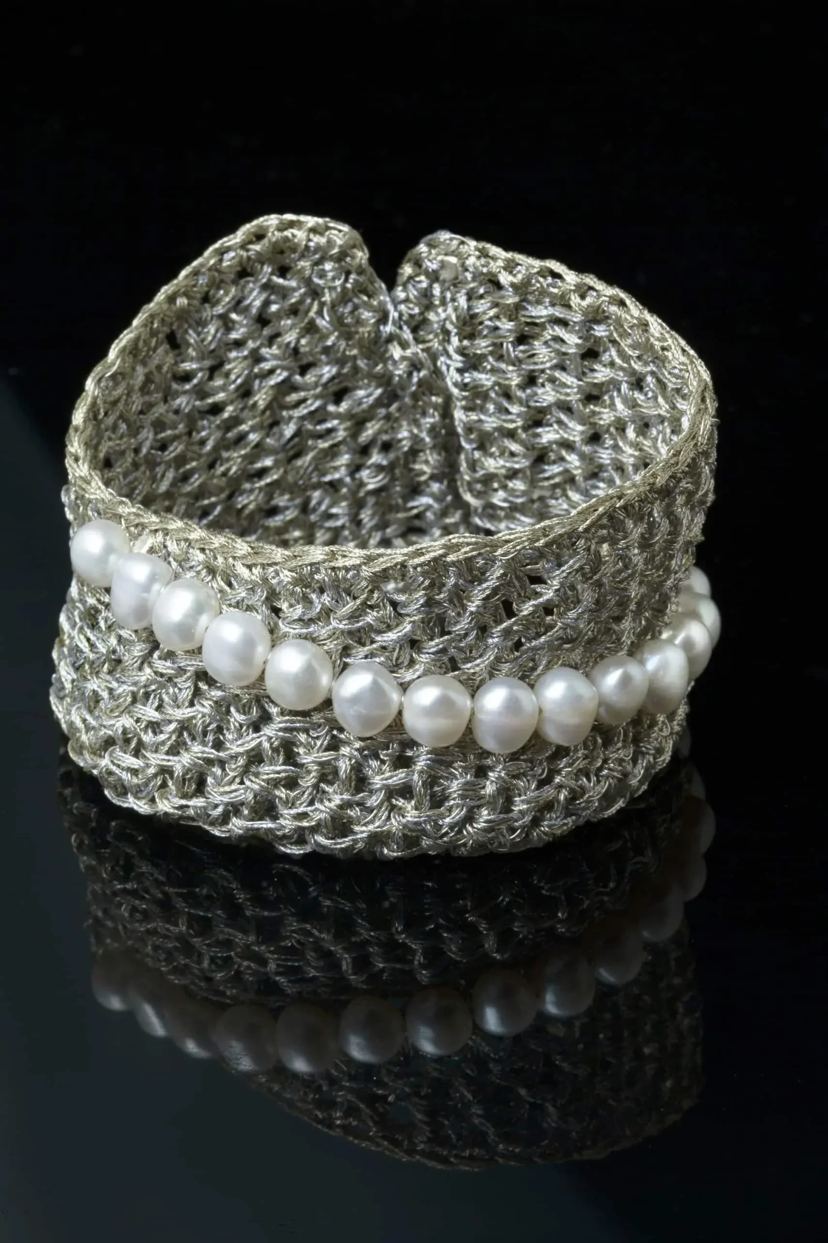 Handmade Jewellery | Crochet knit silver bracelet with pearls gallery 3