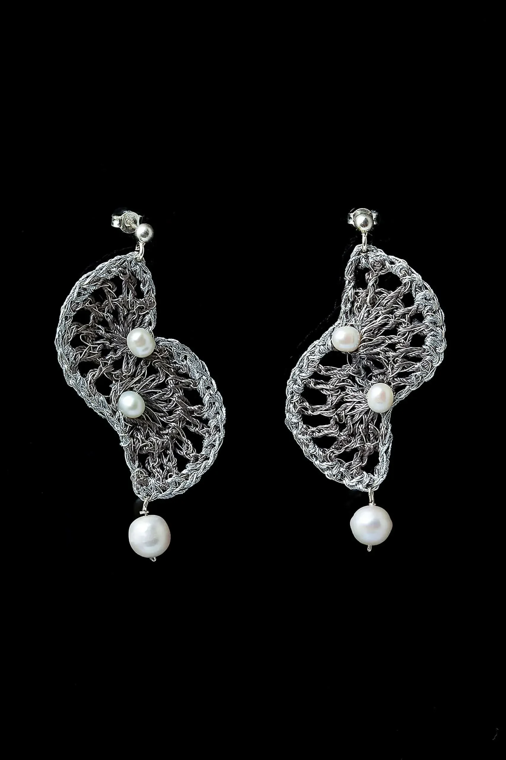 Handmade Jewellery | Fans crochet knit silver earrings with pearls gallery 2