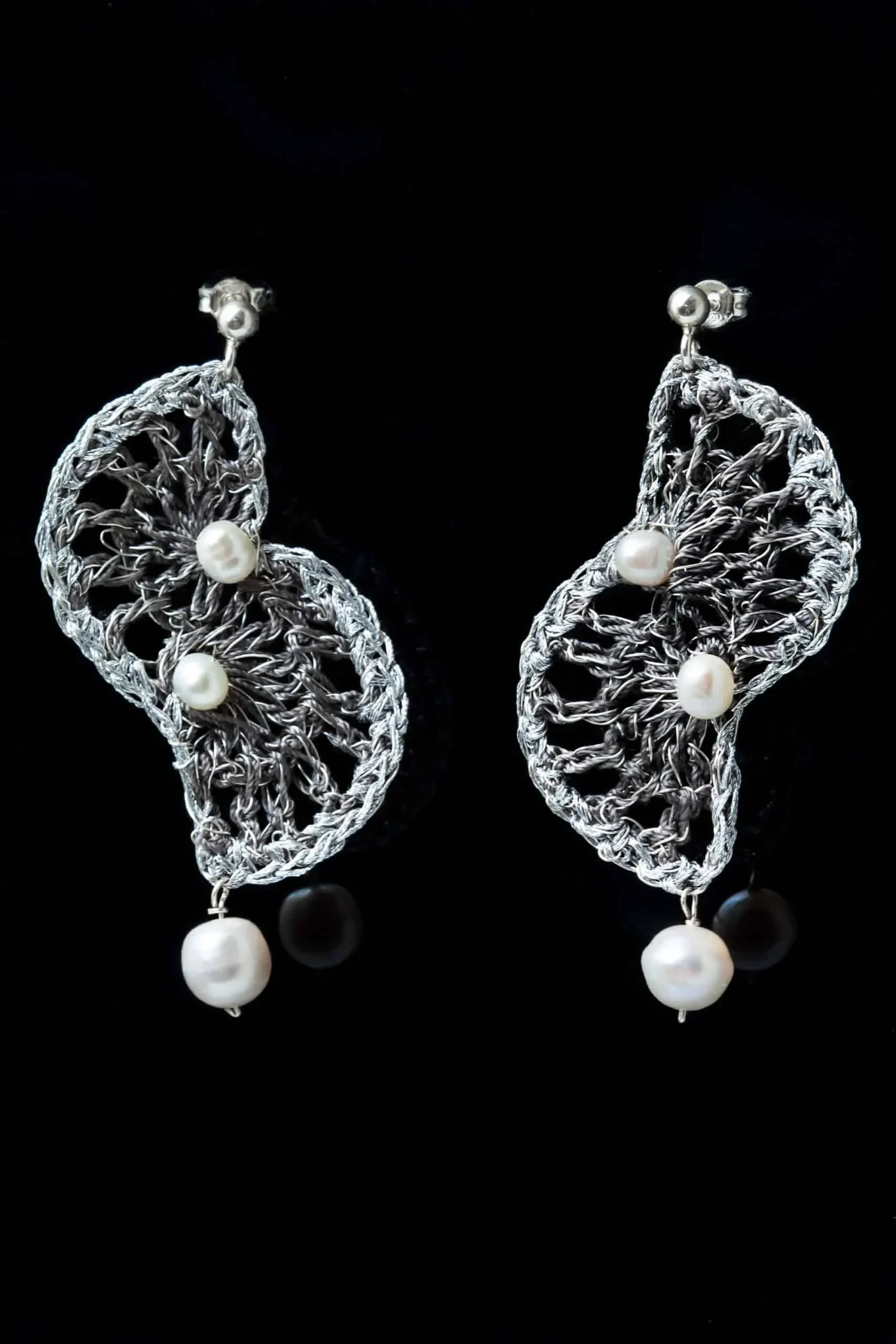 Handmade Jewellery | Fans crochet knit silver earrings with pearls gallery 3