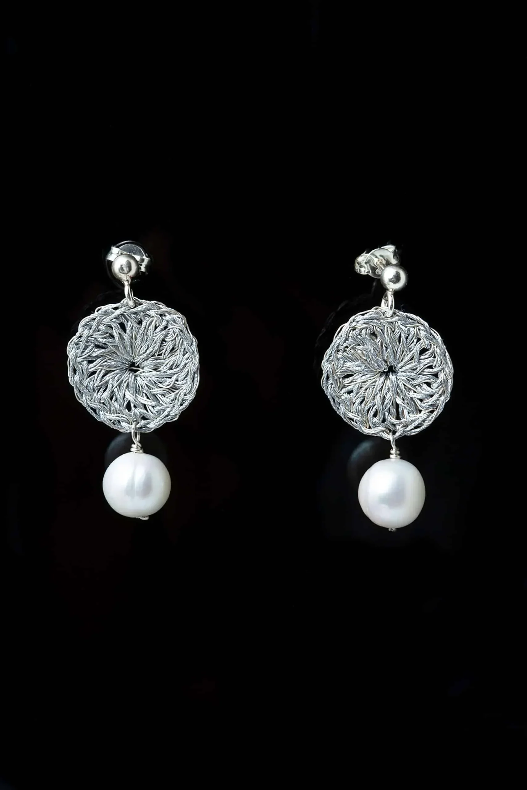Handmade Jewellery | Crochet knit silver earrings with pearls gallery 1