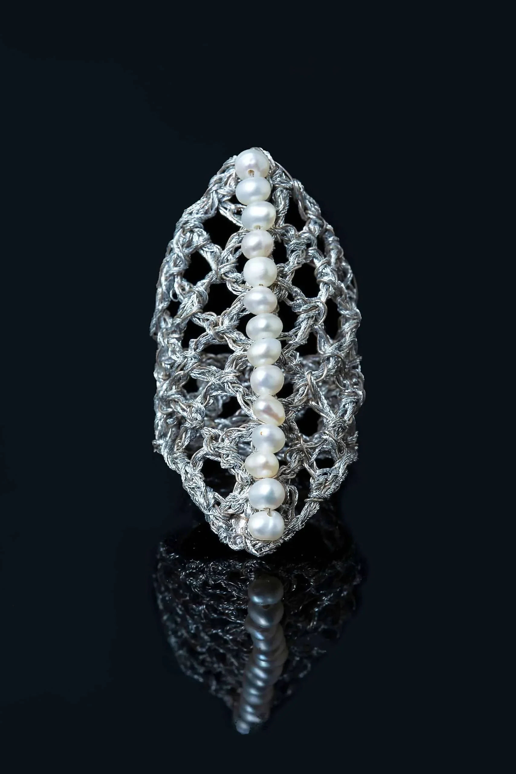 Handmade Jewellery | Crochet knit silver ring with pearls gallery 3
