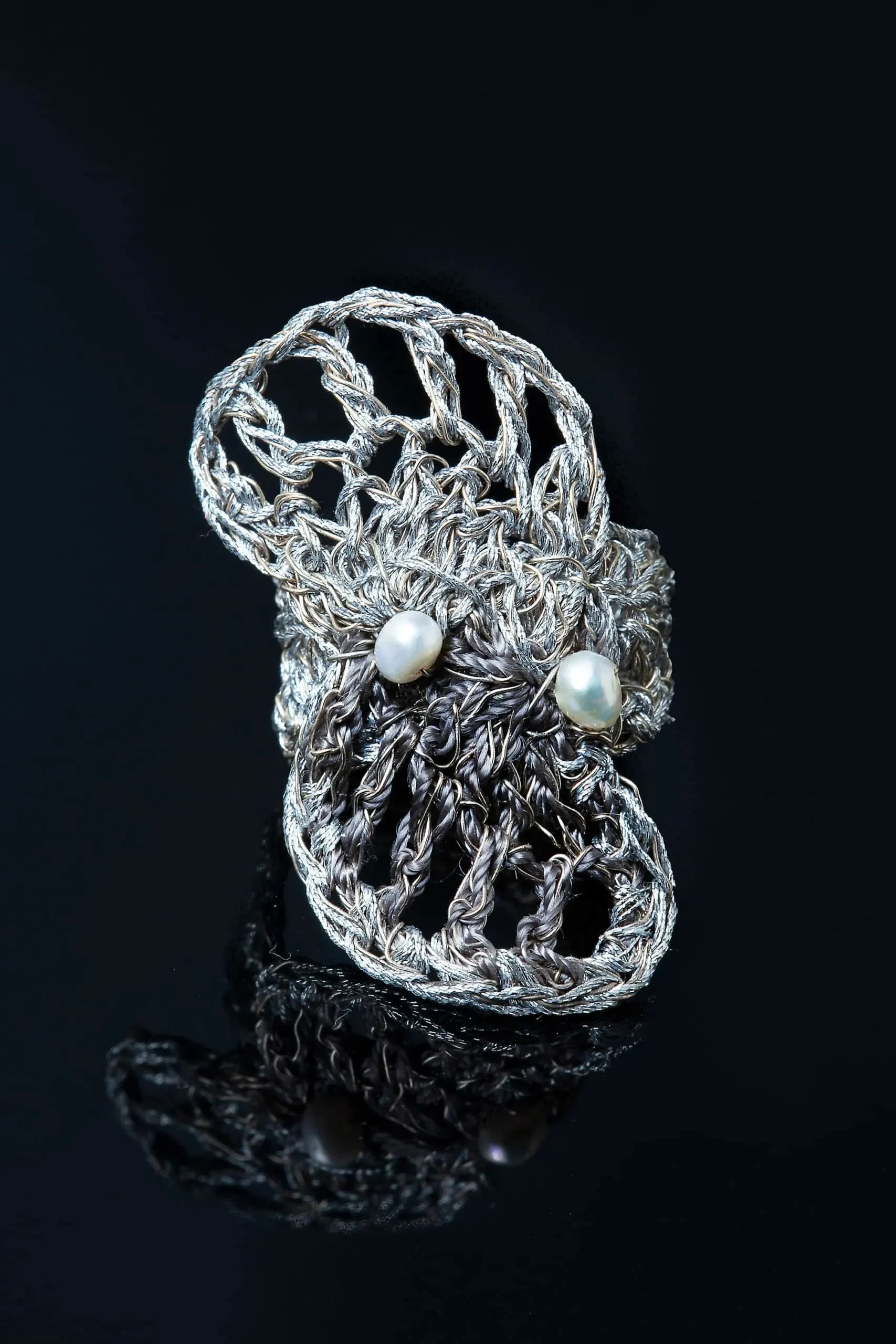 Handmade Jewellery | Crochet knit silver ring with pearls gallery 2