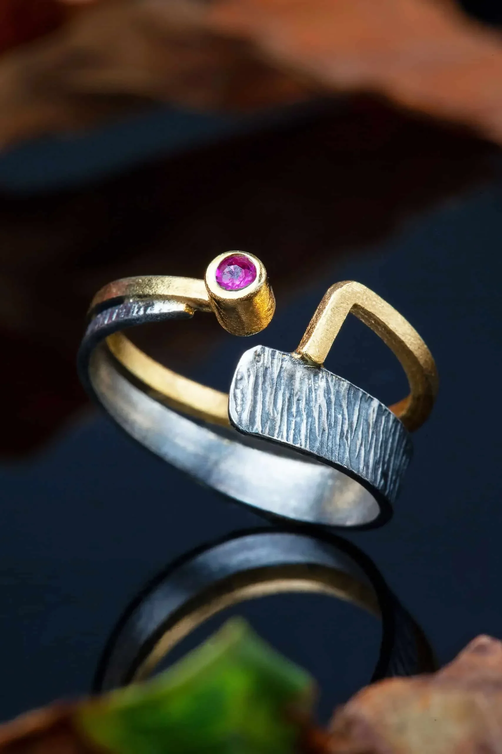Handmade Jewellery | Silver textured ring with pink zircon gallery 2