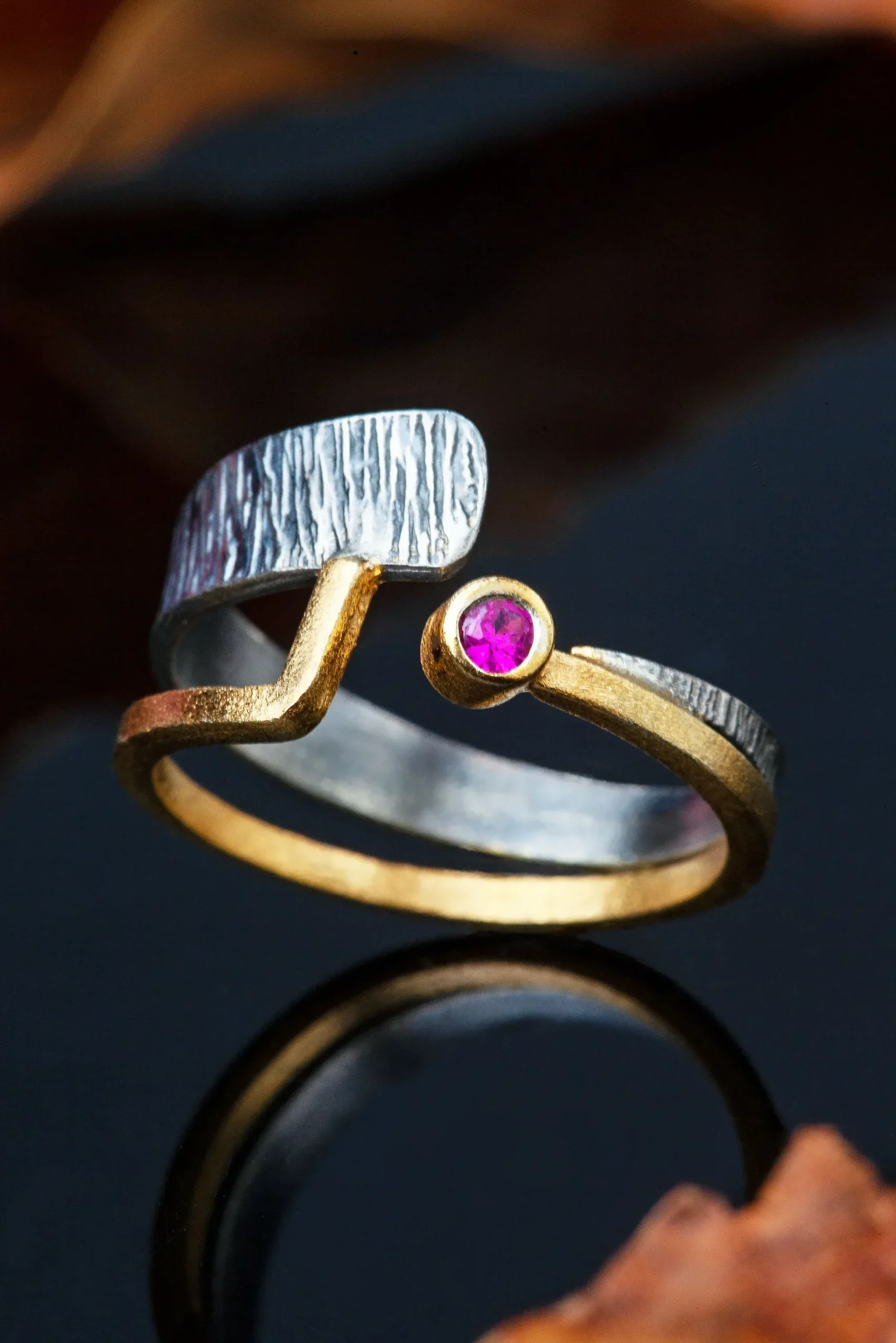 Handmade Jewellery | Silver textured ring with pink zircon gallery 1