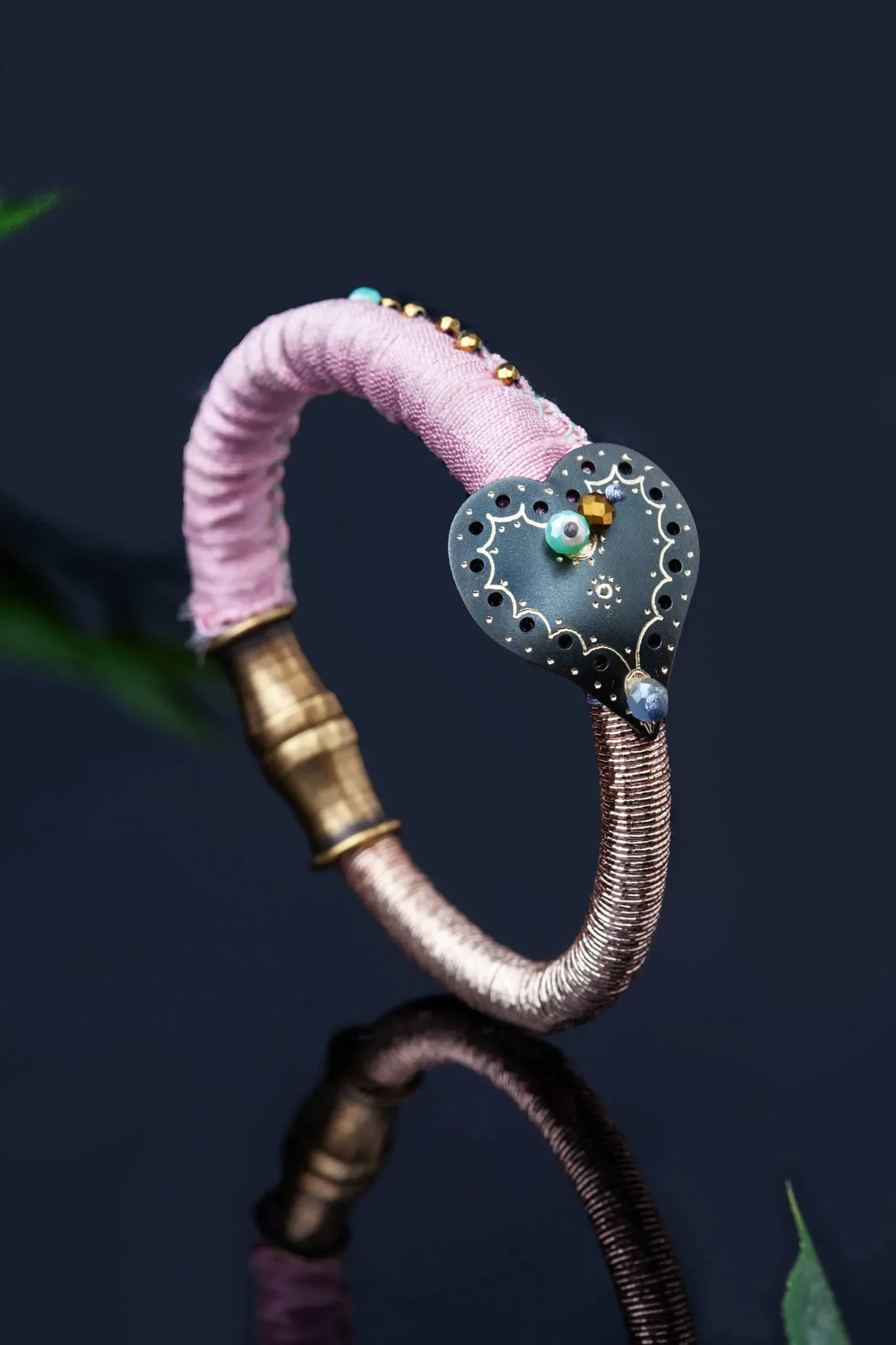 Handmade Jewellery | Heart engraved bronze bracelet with metallic cord gallery 2