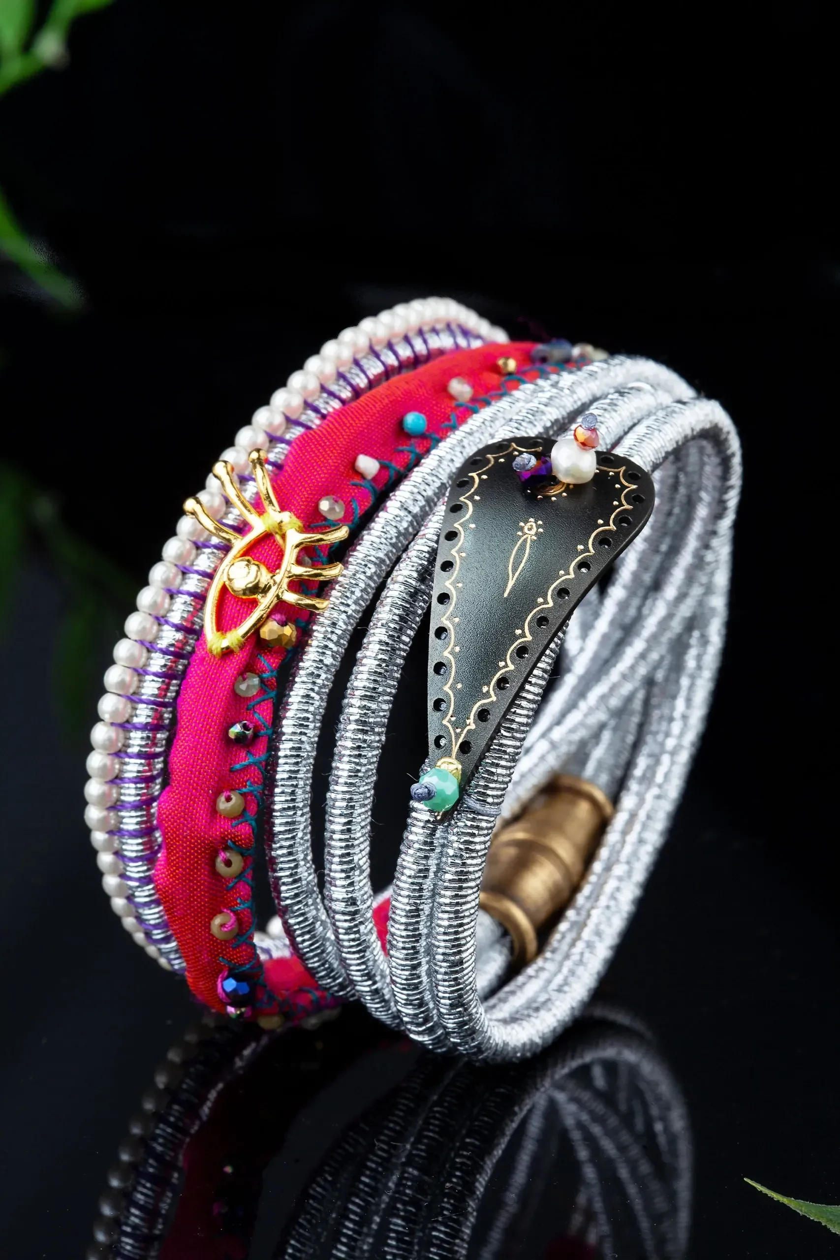 Handmade Jewellery | Heart engraved bronze bracelet with metallic cord gallery 1