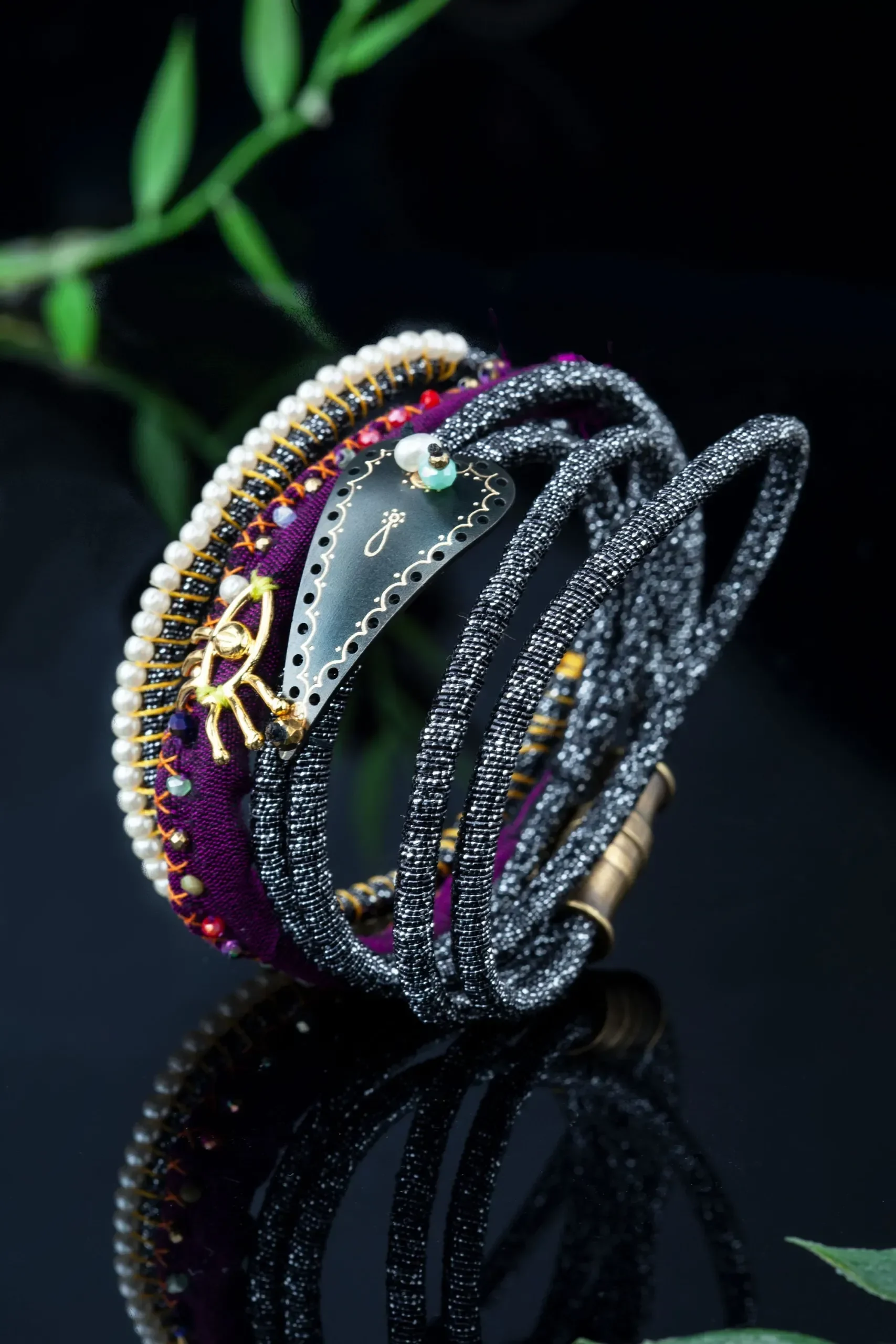 Handmade Jewellery | Heart engraved bronze bracelet with metallic cord gallery 1