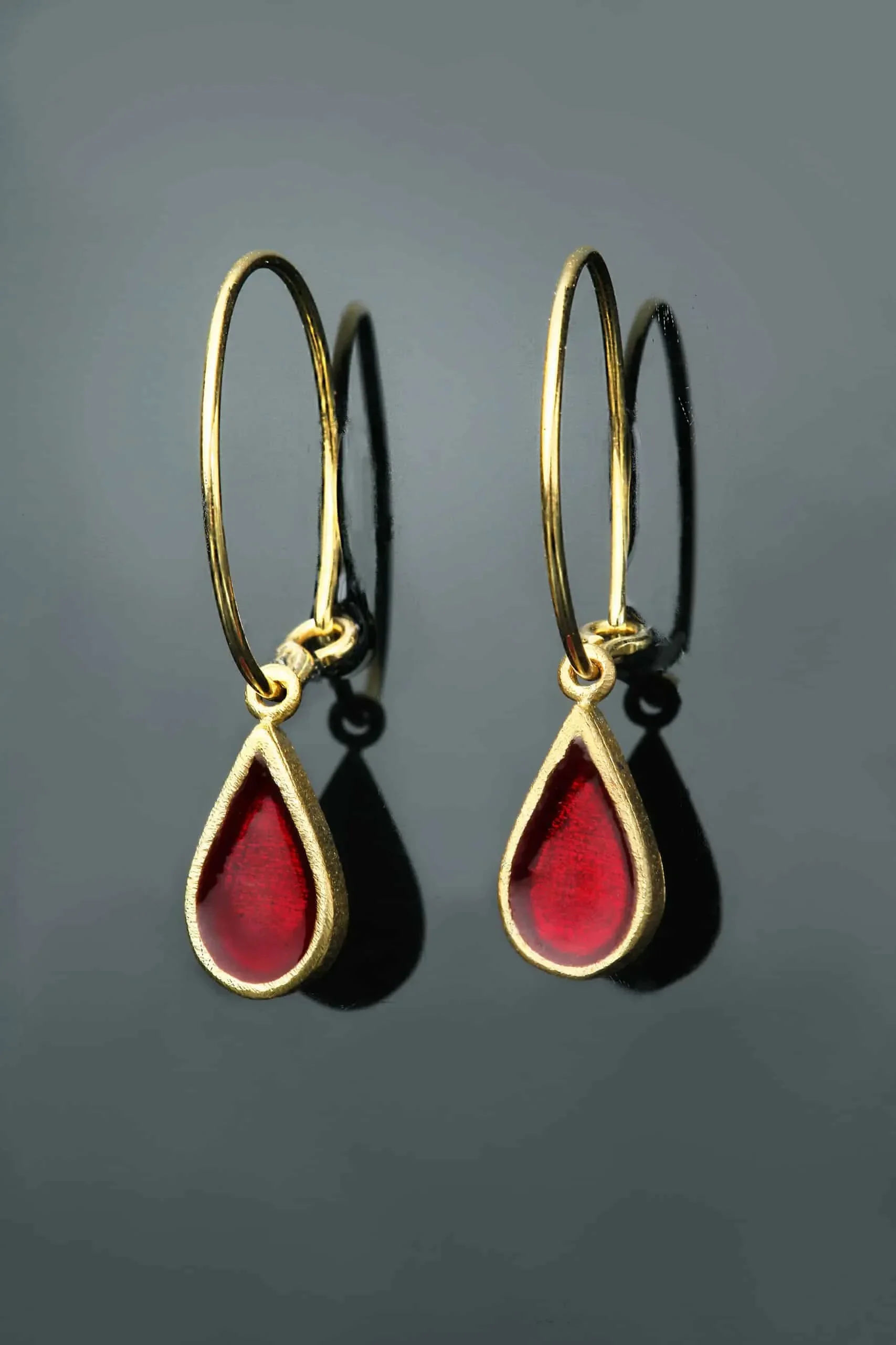 Handmade Jewellery | Drops gold plated silver hoops with red enamel gallery 1