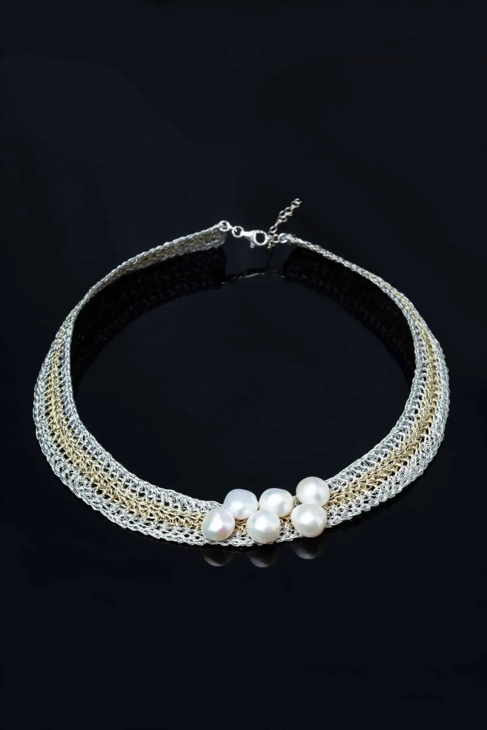 Handmade Jewellery | Crochet knit silver necklace with and pearls gallery 1