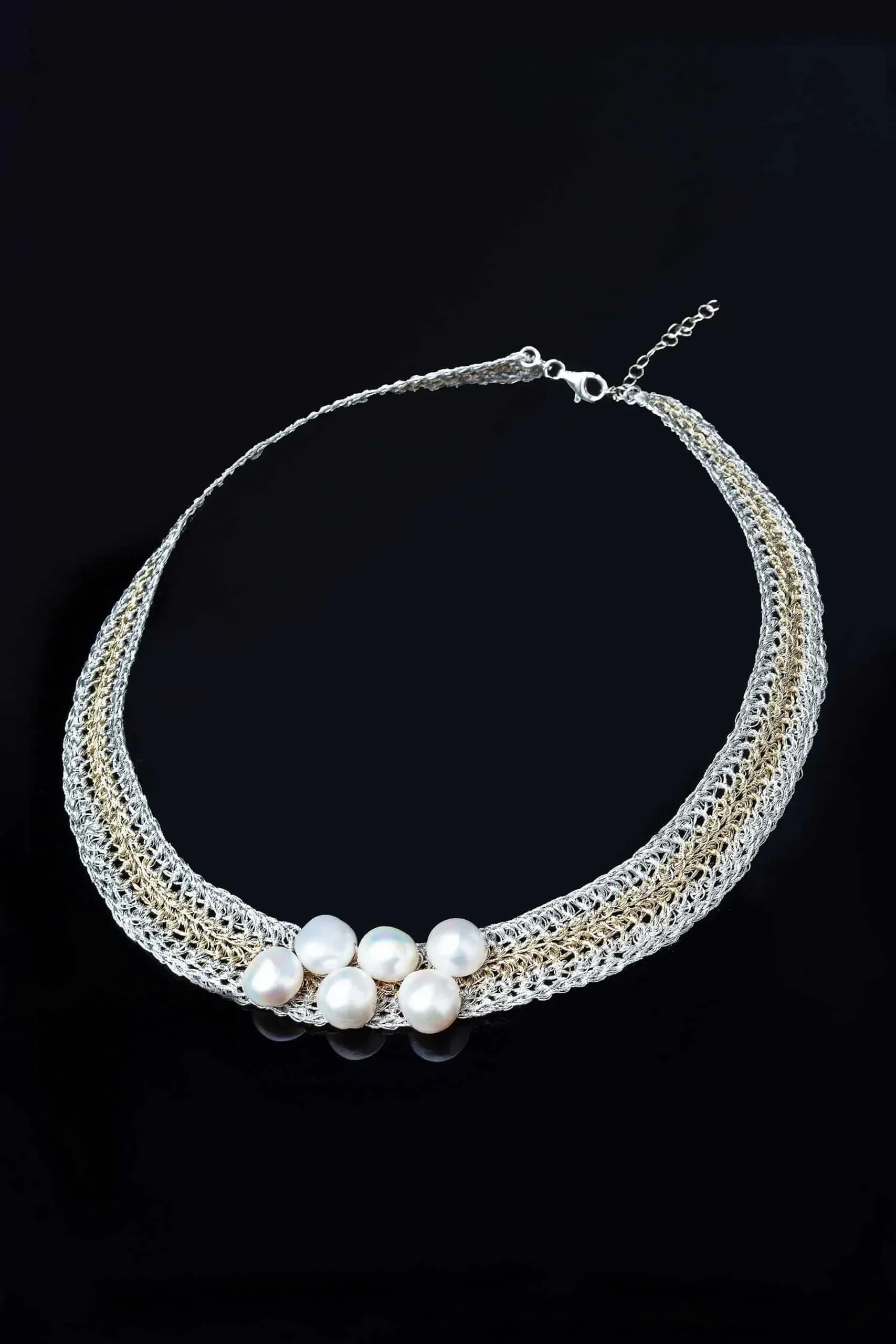 Handmade Jewellery | Crochet knit silver necklace with and pearls gallery 3