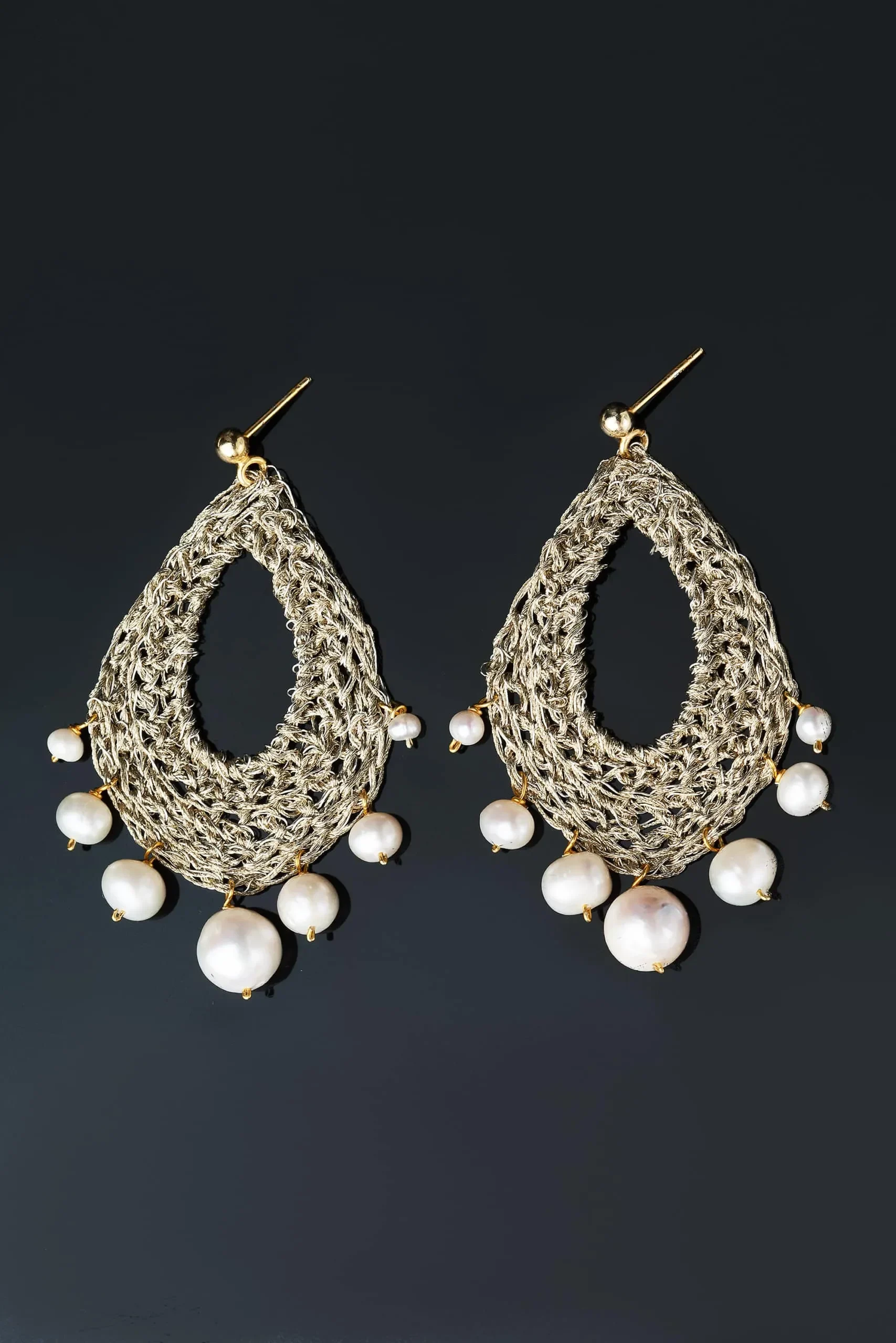 Handmade Jewellery | Teardrop crochet knit silver earrings with and pearls gallery 4