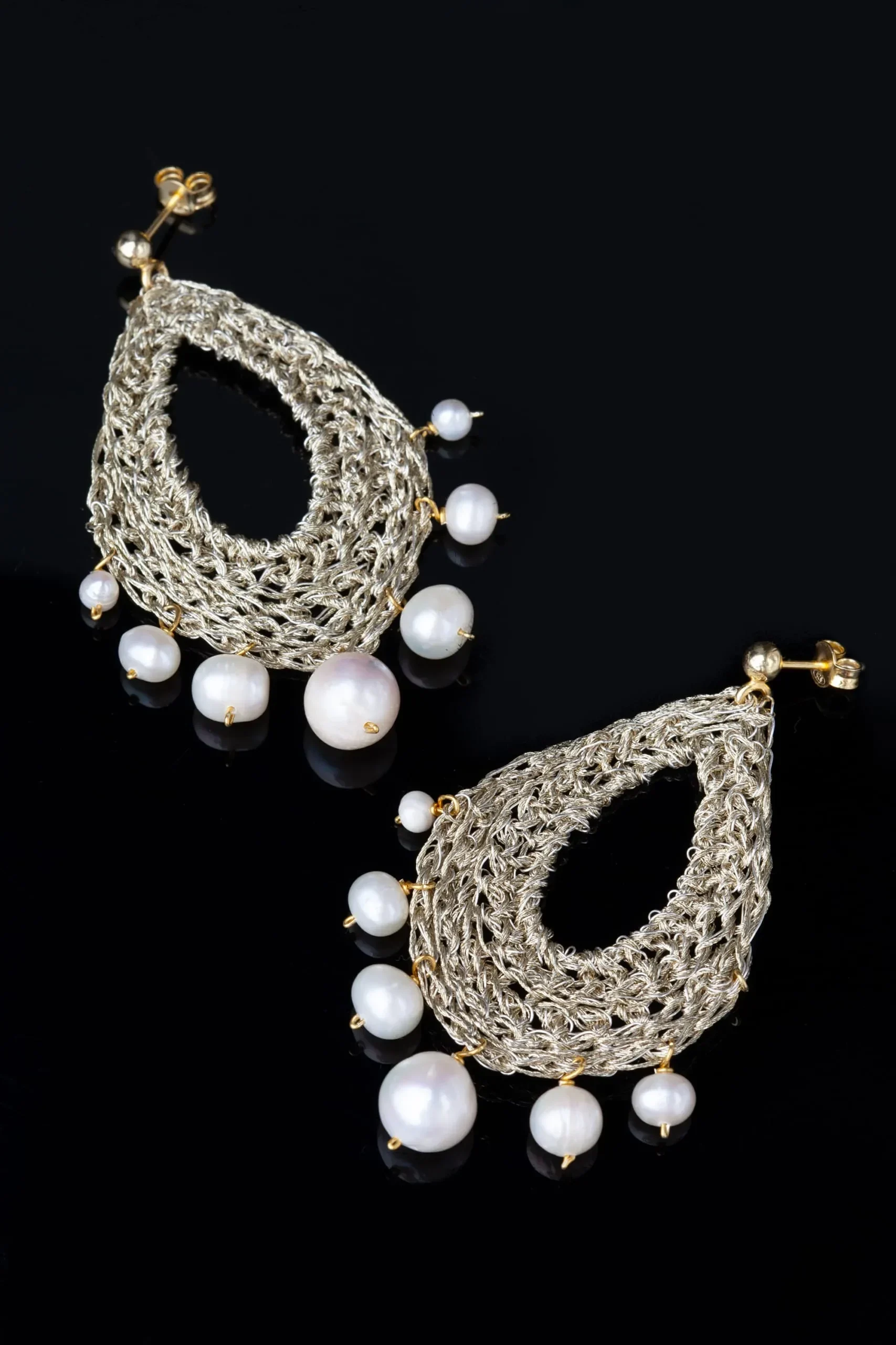 Handmade Jewellery | Teardrop crochet knit silver earrings with and pearls gallery 1