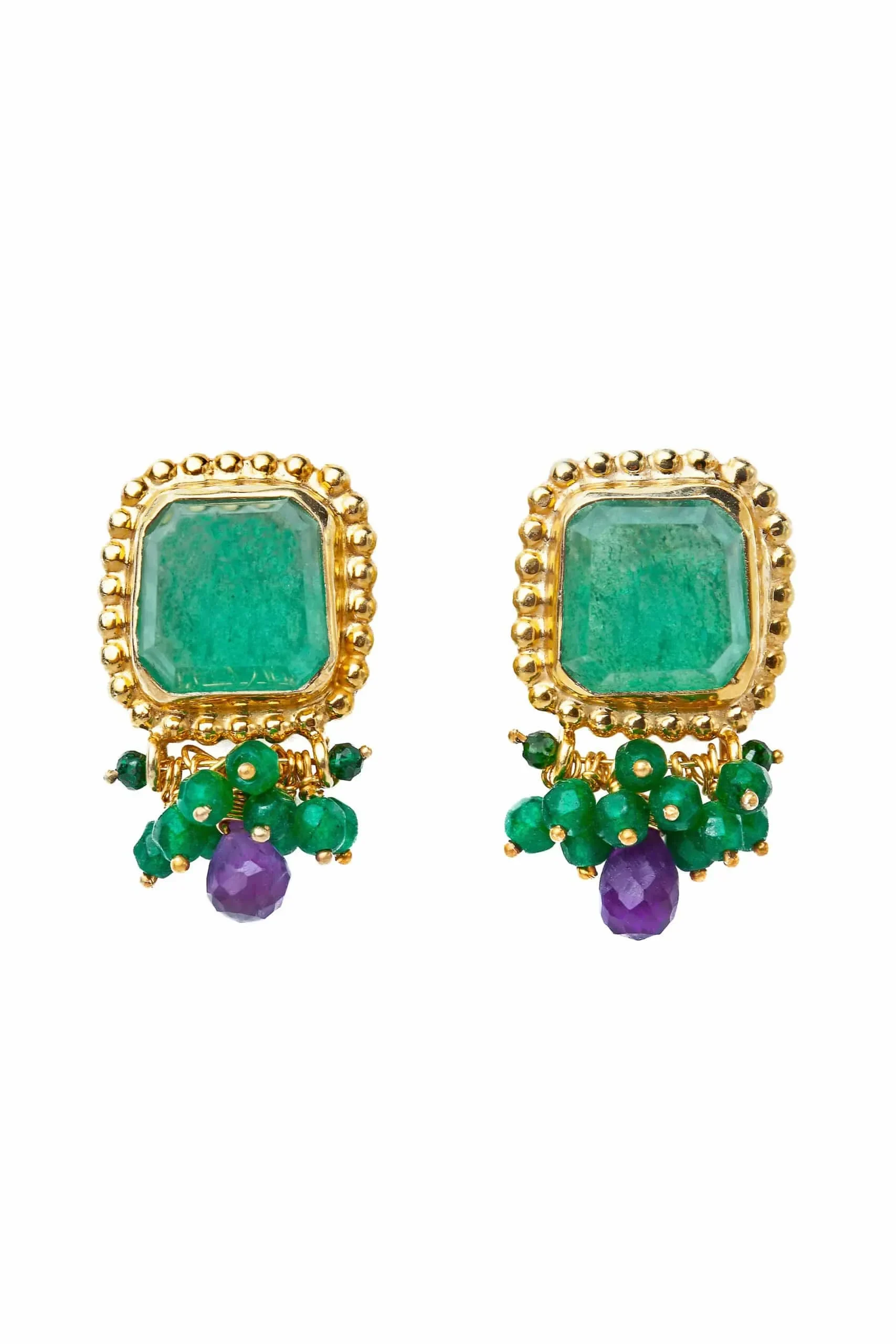Aventurine gold plated silver earrings combined with green agate and amethyst