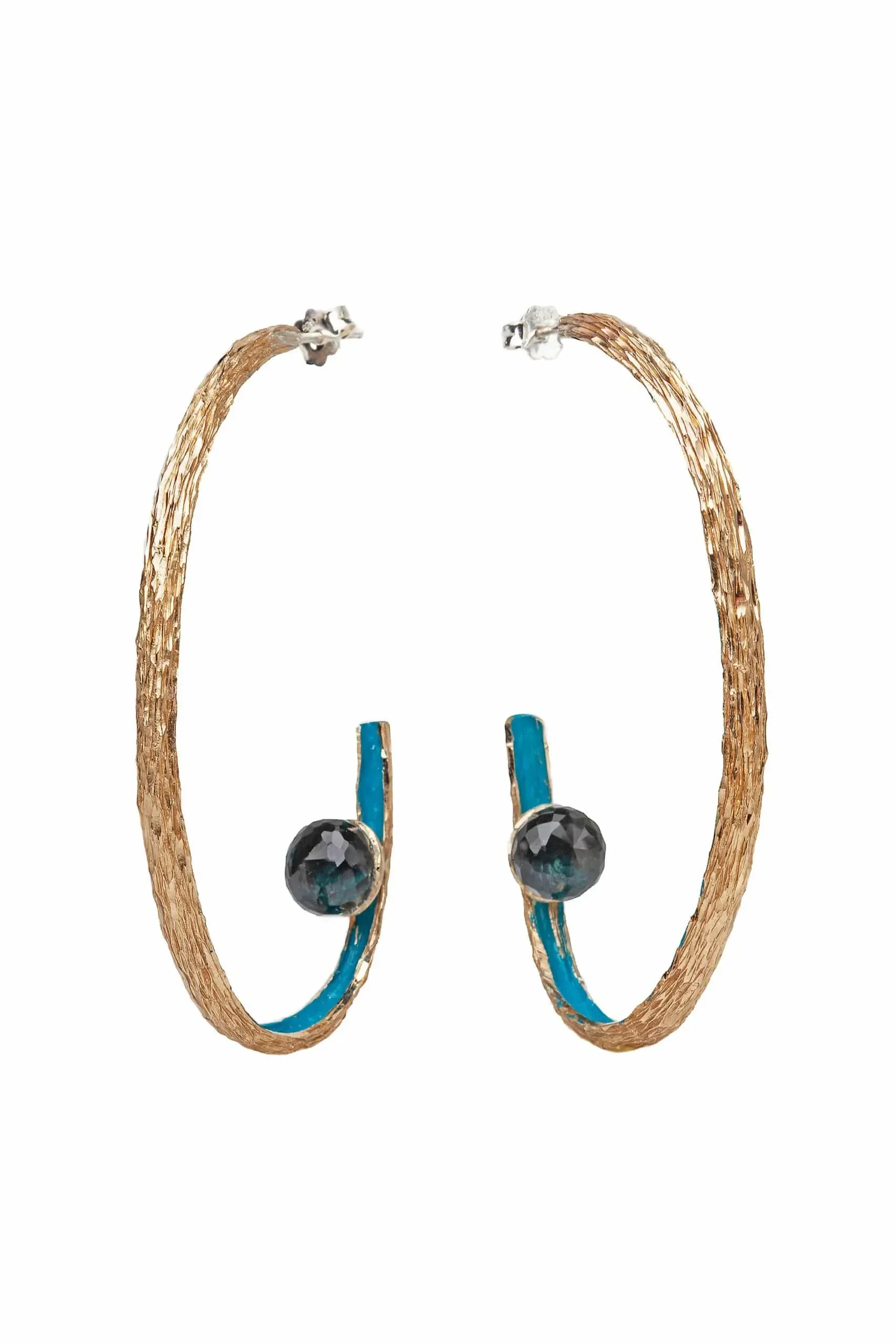 Unique oval bronze hoops with turquoise patina