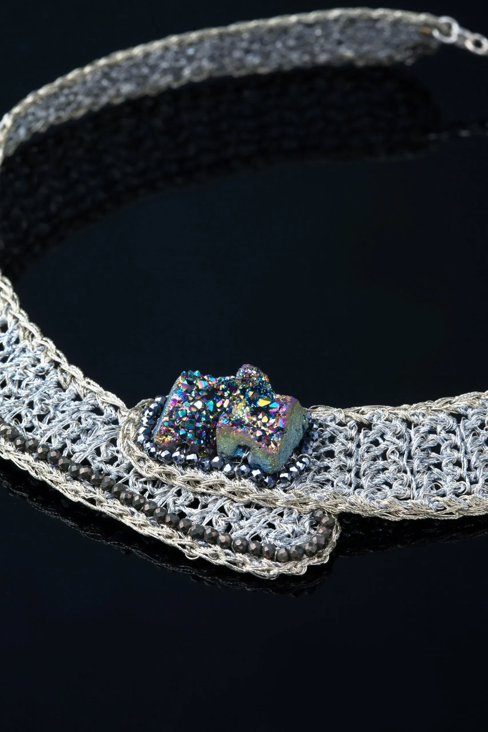 Handmade Jewellery | Crochet knit silver necklace with and pyrite gallery 3