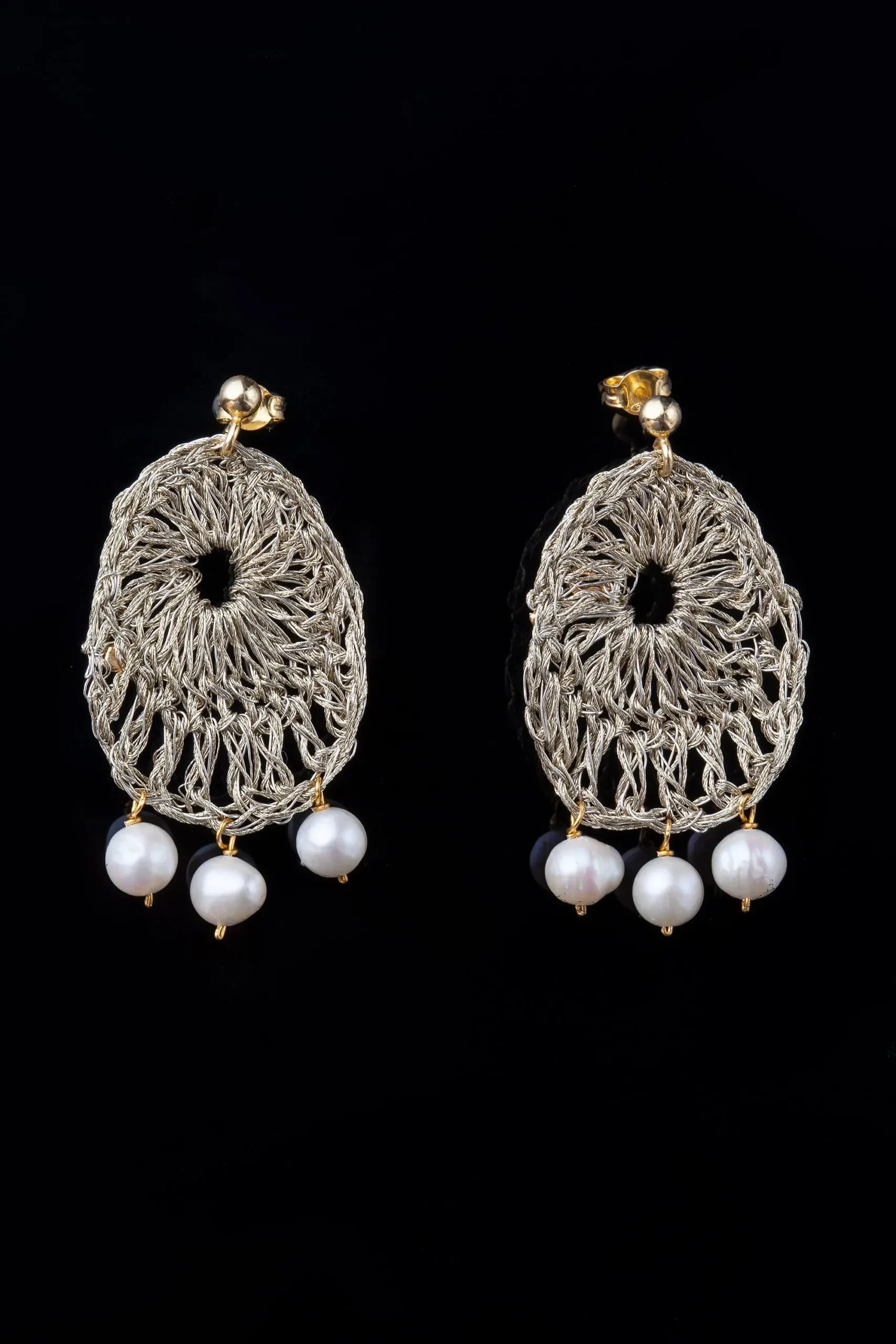 Handmade Jewellery | Crochet knit silver earrings with golden threads and pearls gallery 2