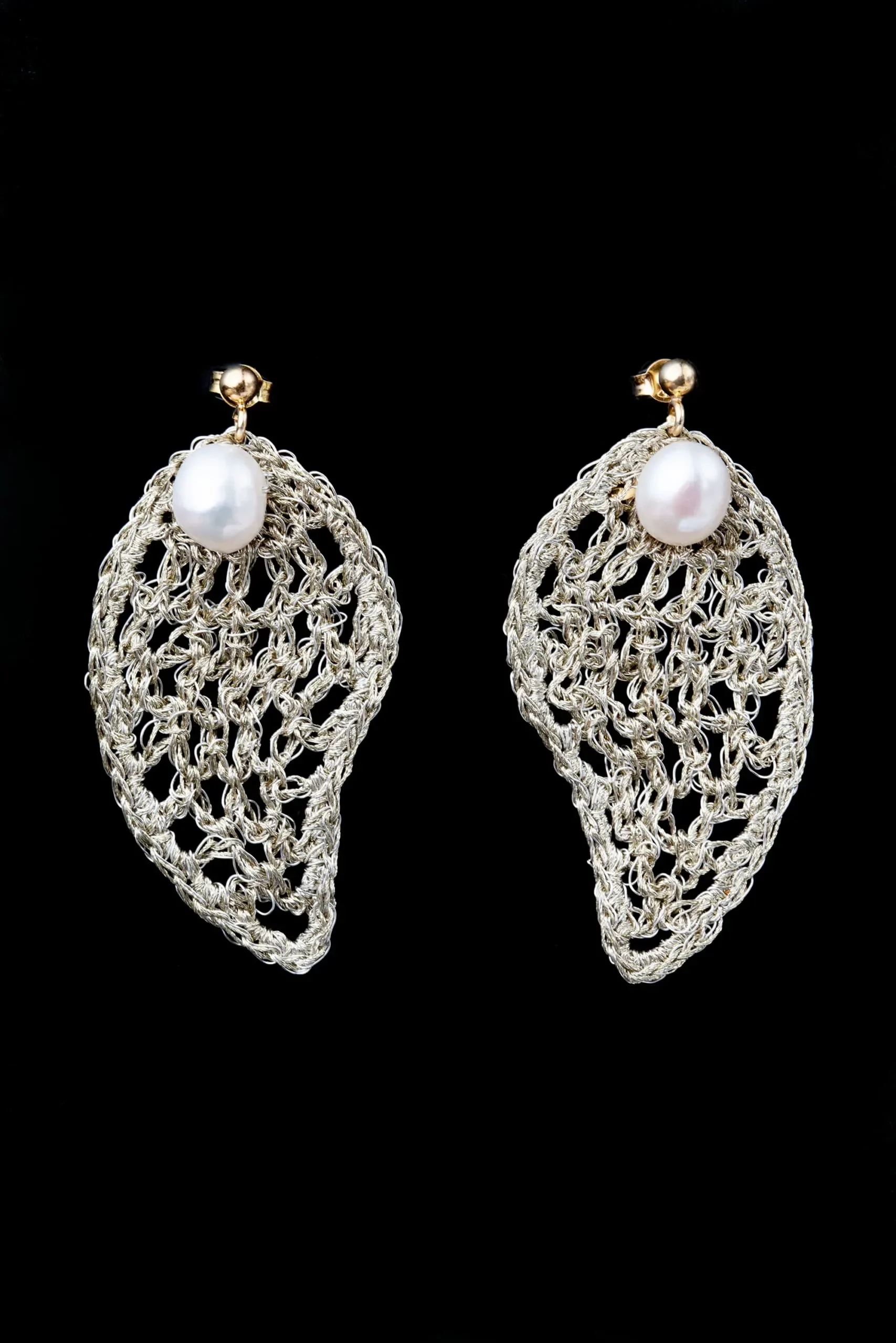 Handmade Jewellery | Paisley crochet knit silver earrings with pearls gallery 2