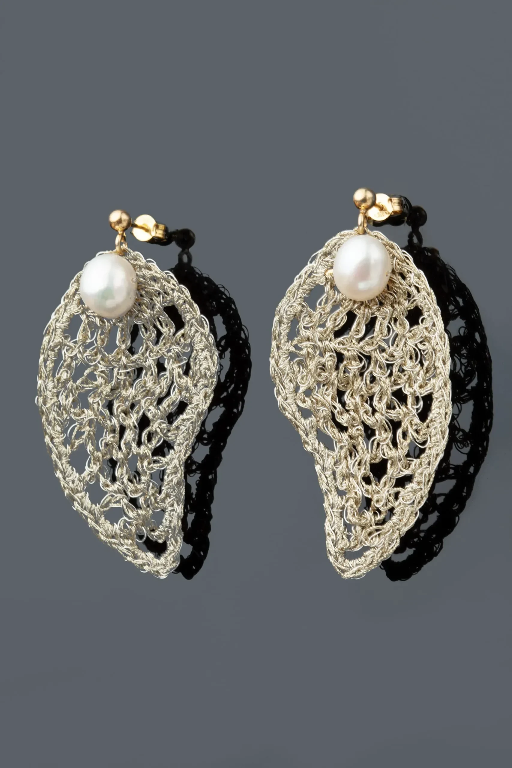 Handmade Jewellery | Paisley crochet knit silver earrings with pearls gallery 1