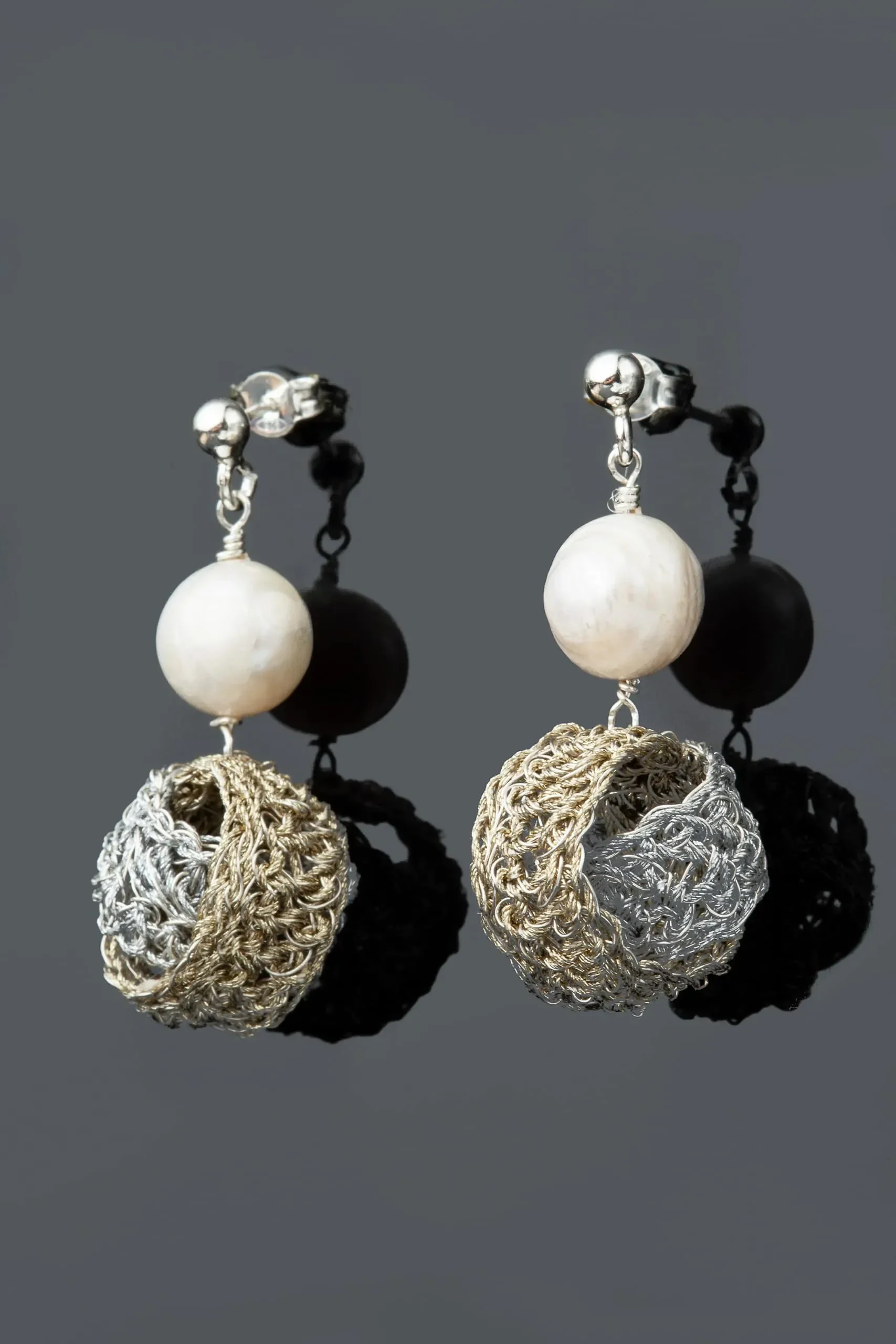 Handmade Jewellery | Crochet knit silver earrings with and pearls gallery 1
