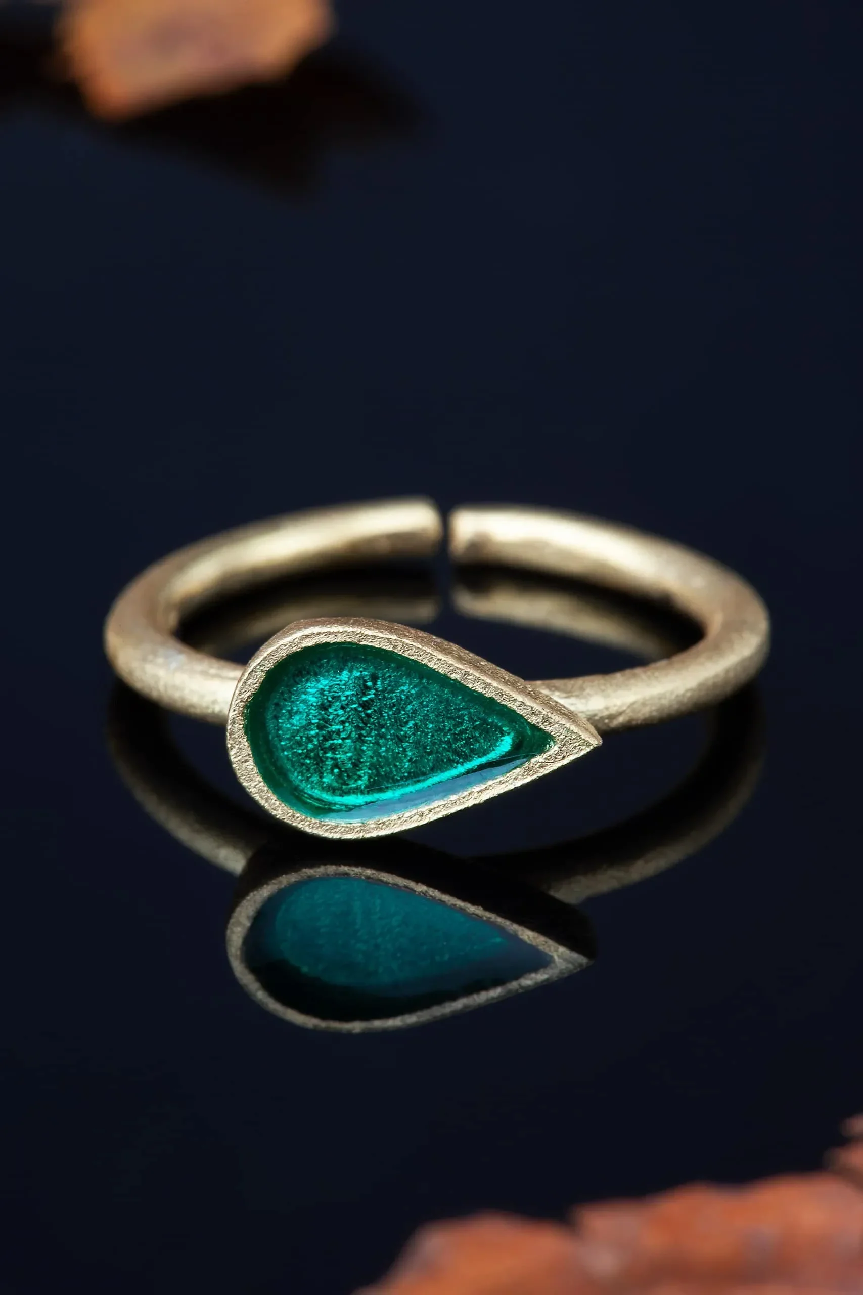 Handmade Jewellery | Drop gold plated silver ring with green enamel gallery 2