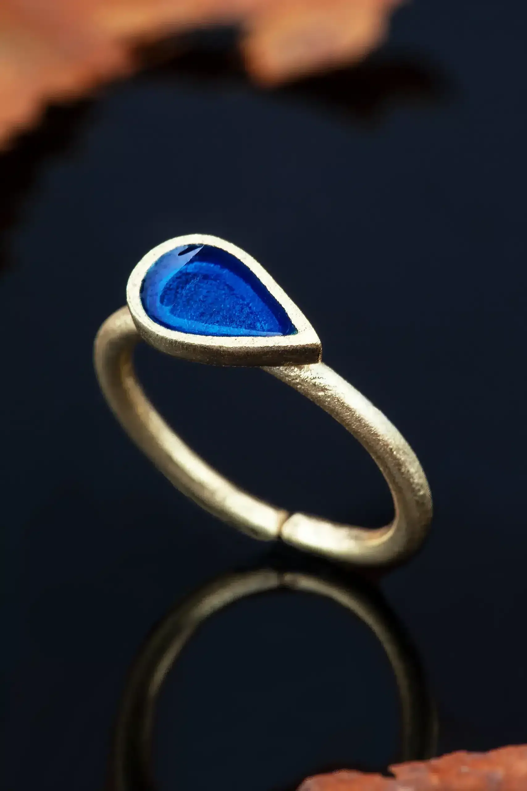 Handmade Jewellery | Drop gold plated silver ring with blue enamel gallery 1