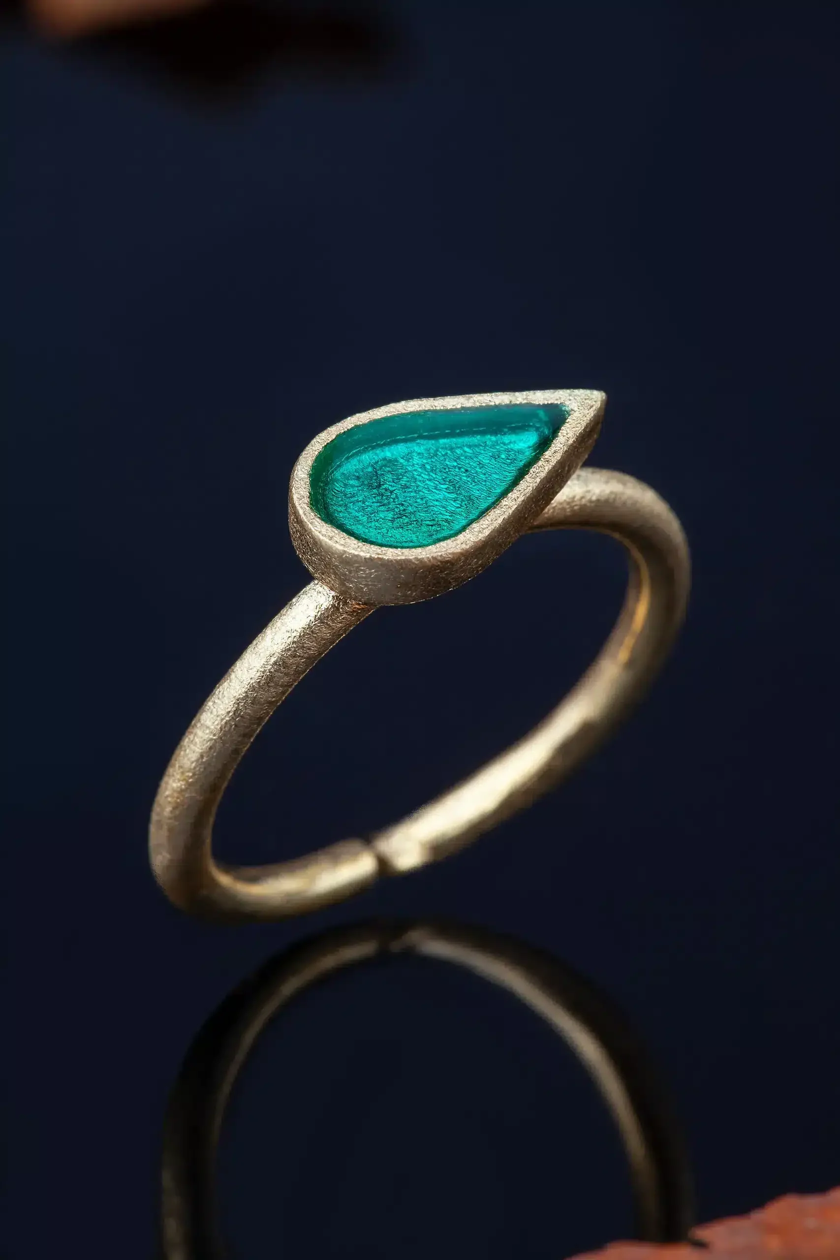 Handmade Jewellery | Drop gold plated silver ring with green enamel gallery 1
