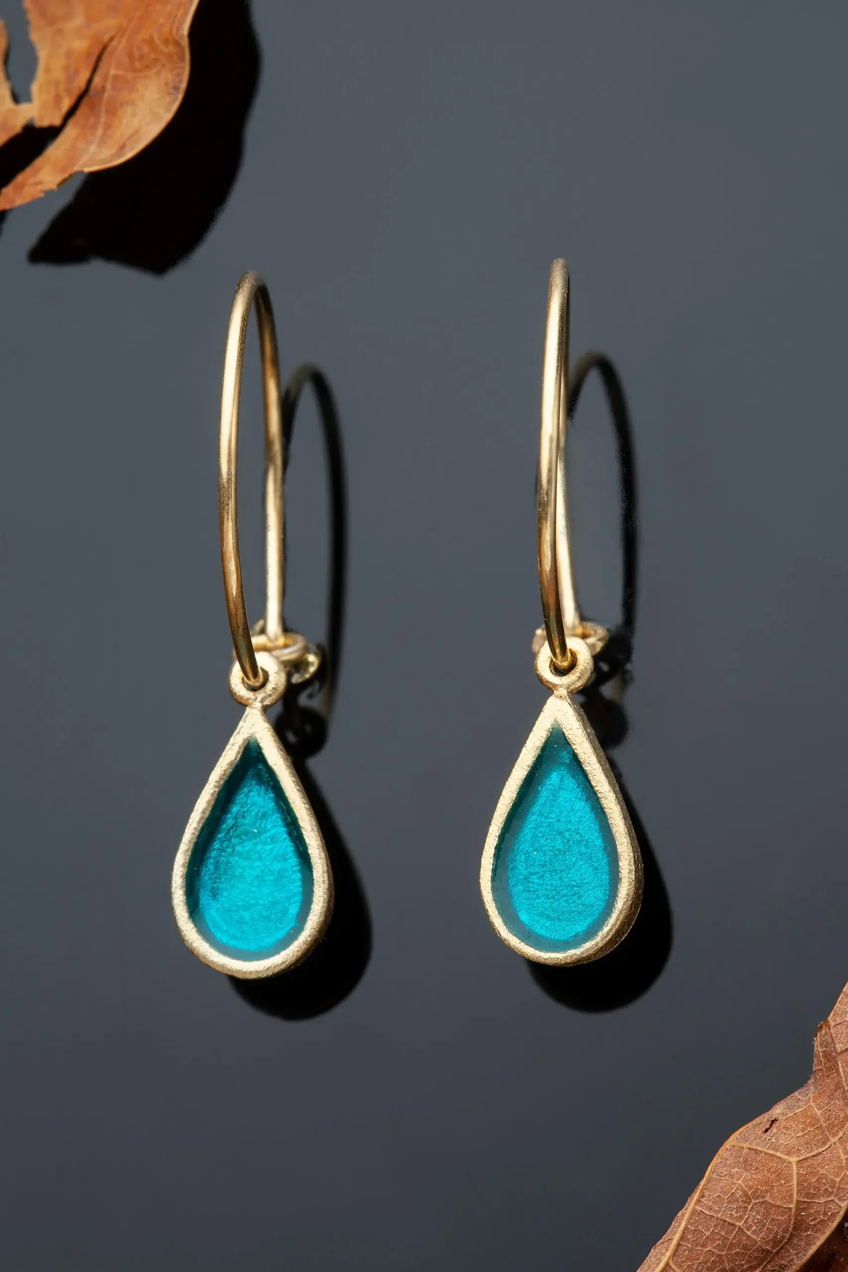 Handmade Jewellery | Drops gold plated silver hoops with turquoise enamel gallery 1