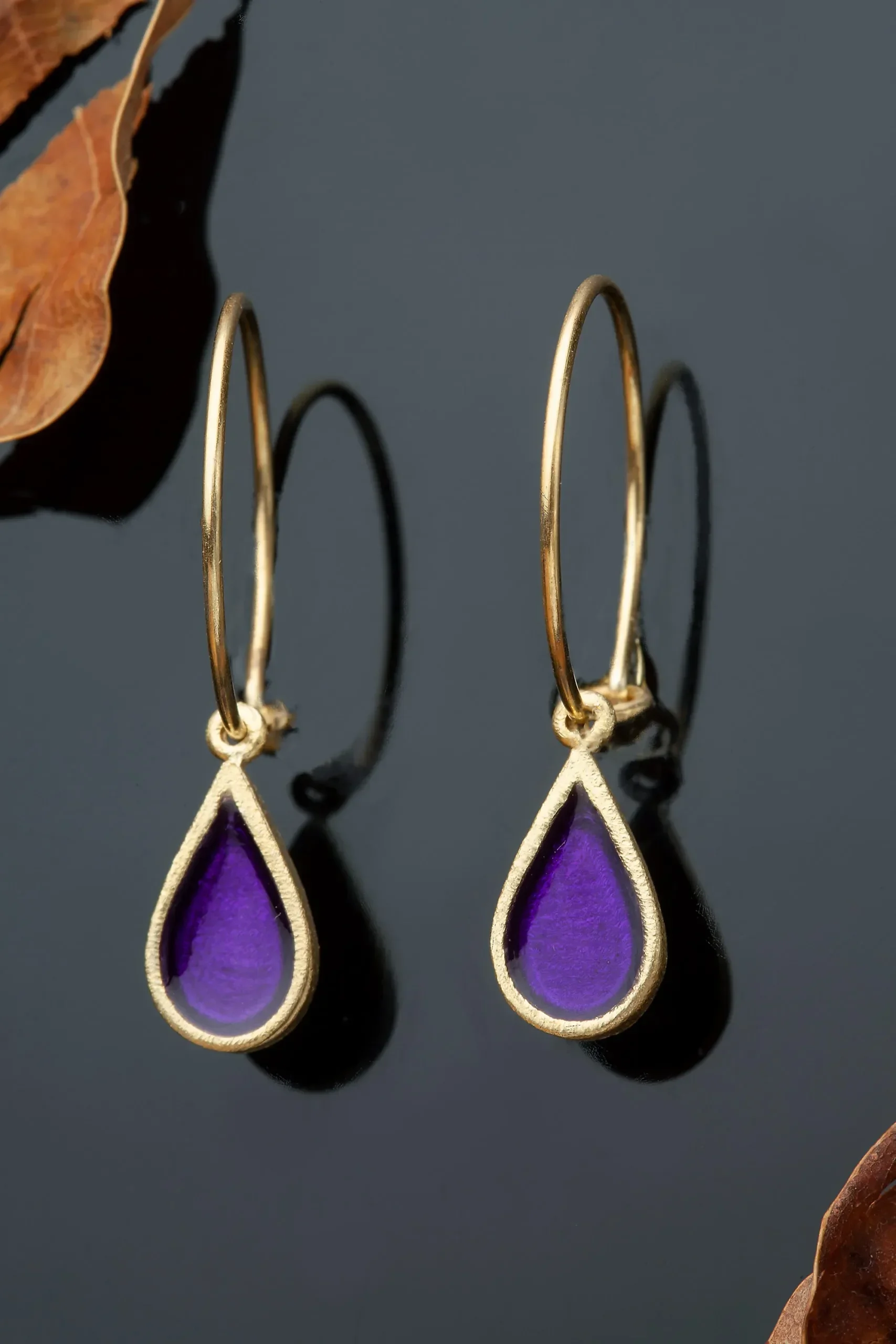 Handmade Jewellery | Drops gold plated silver hoops with purple enamel gallery 1