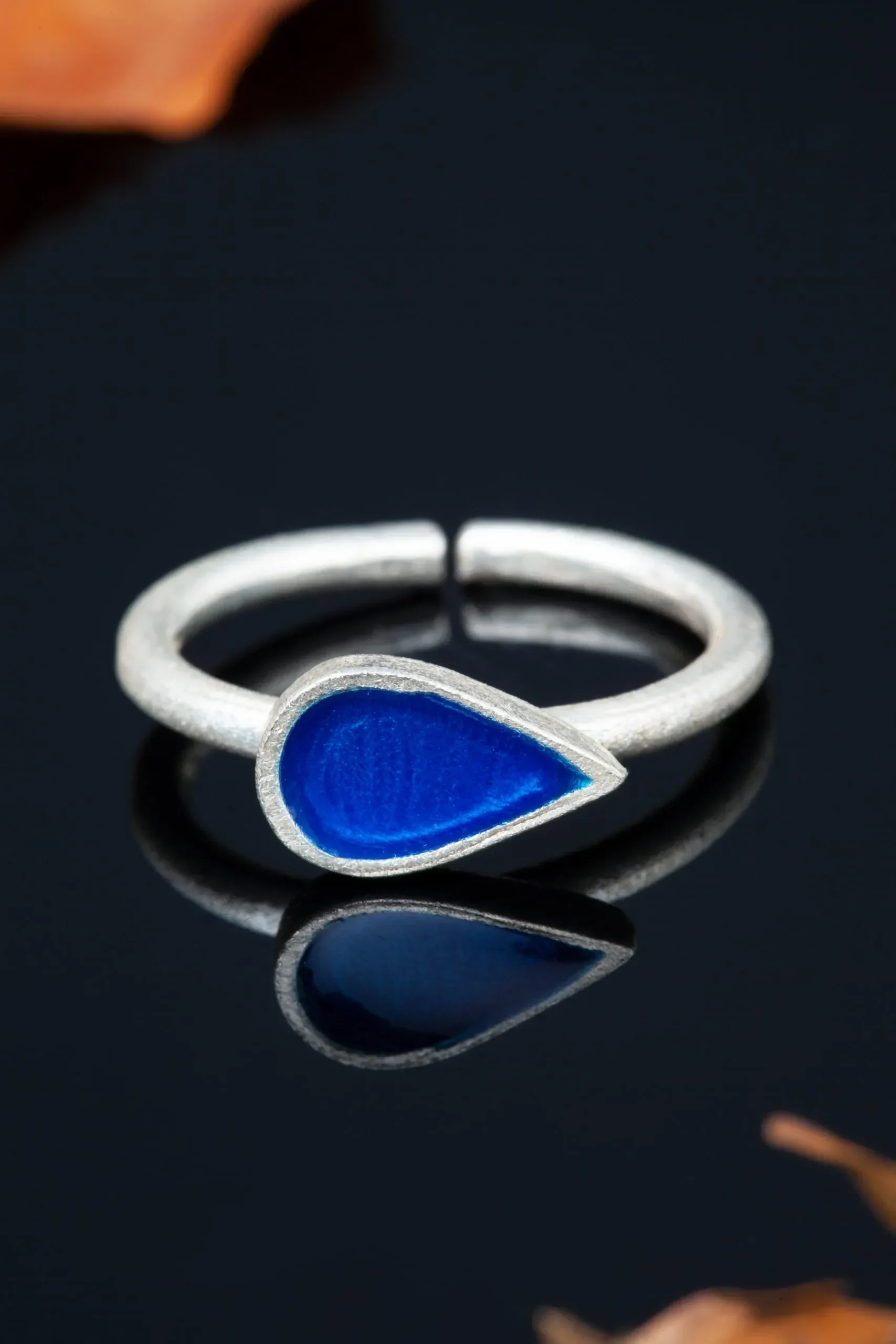 Handmade Jewellery | Drop silver ring with blue enamel gallery 2