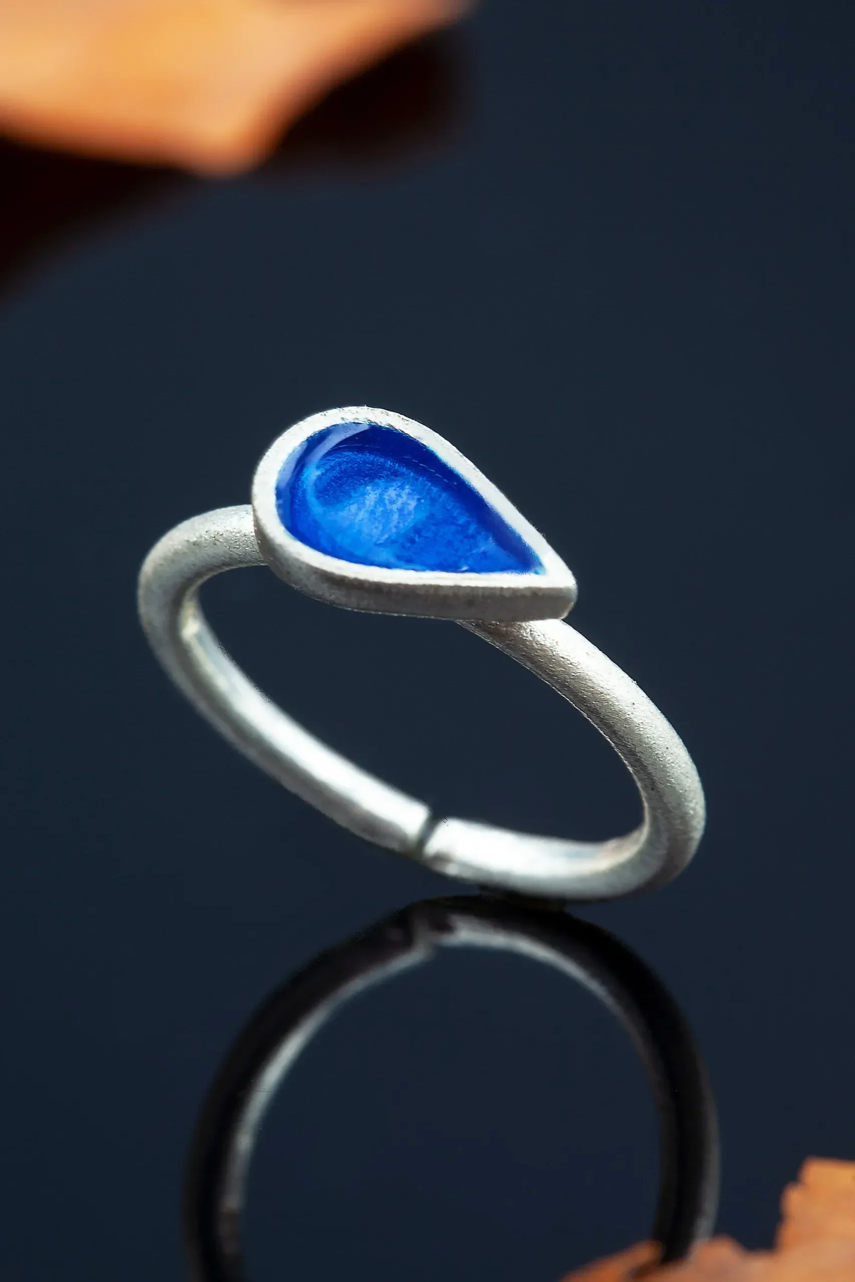 Handmade Jewellery | Drop silver ring with blue enamel gallery 1
