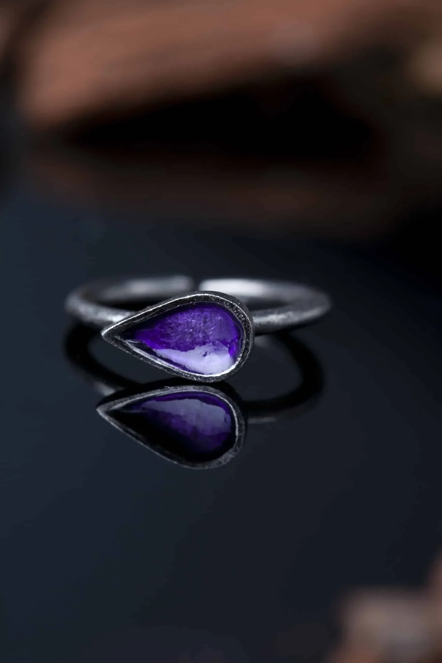 Handmade Jewellery | Drop handmade silver ring black plated with purple enamel gallery 2
