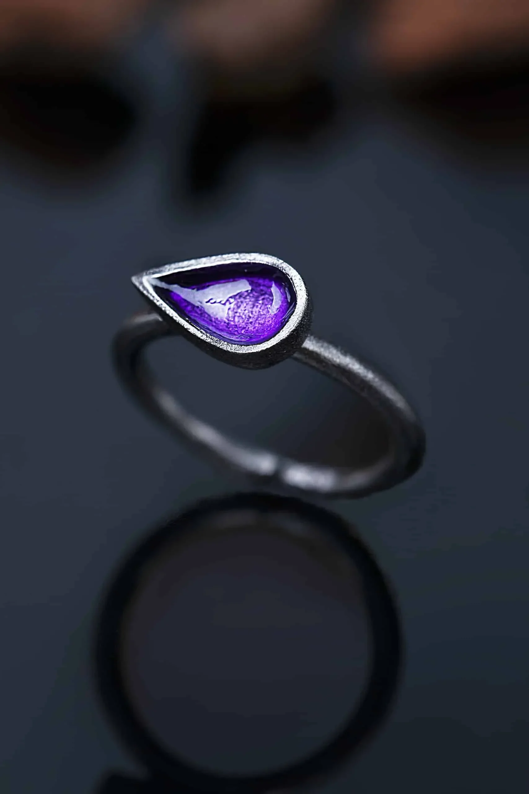 Handmade Jewellery | Drop handmade silver ring black plated with purple enamel gallery 1