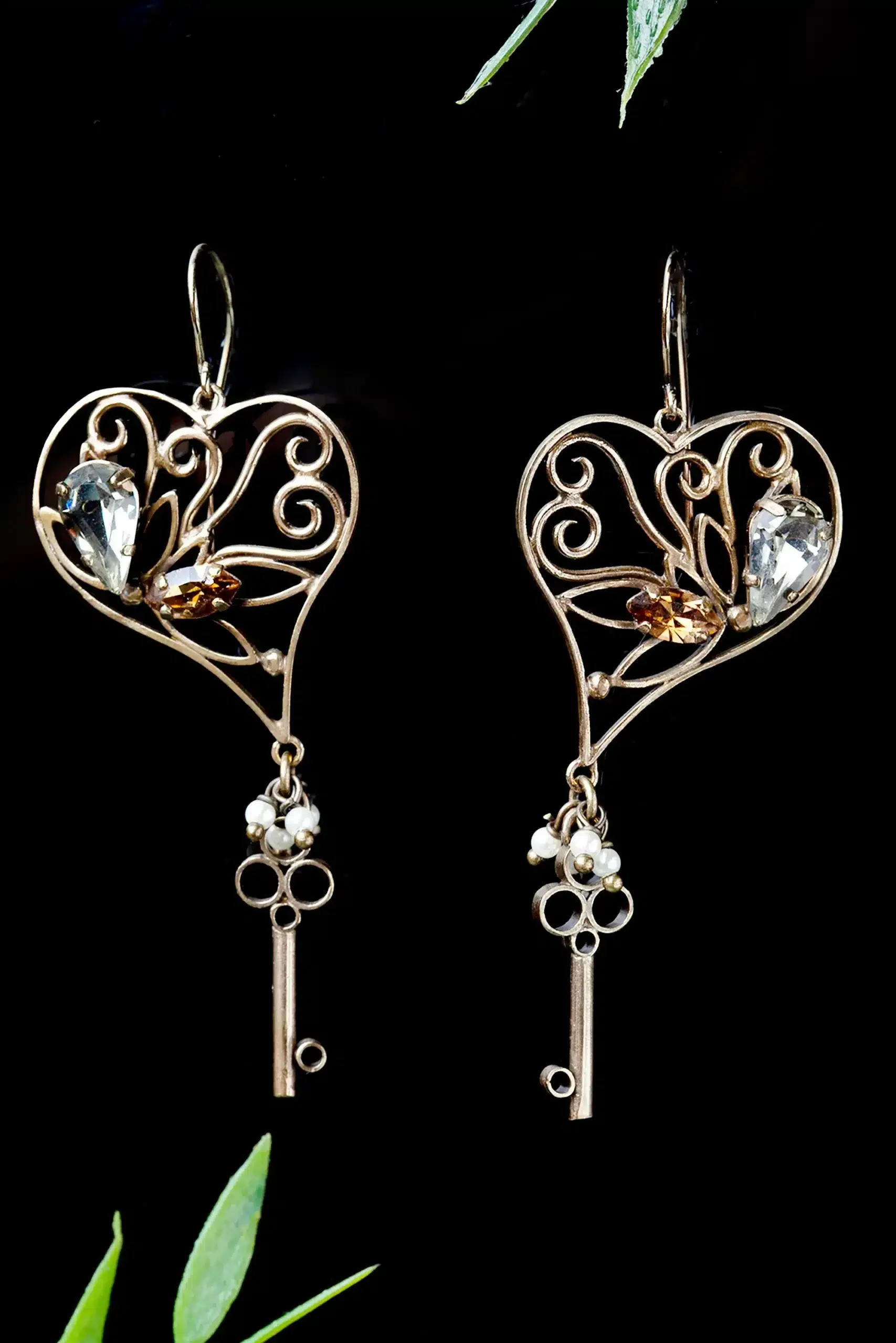 Handmade Jewellery | Heart bronze earrings with Swarovski crystal gallery 1