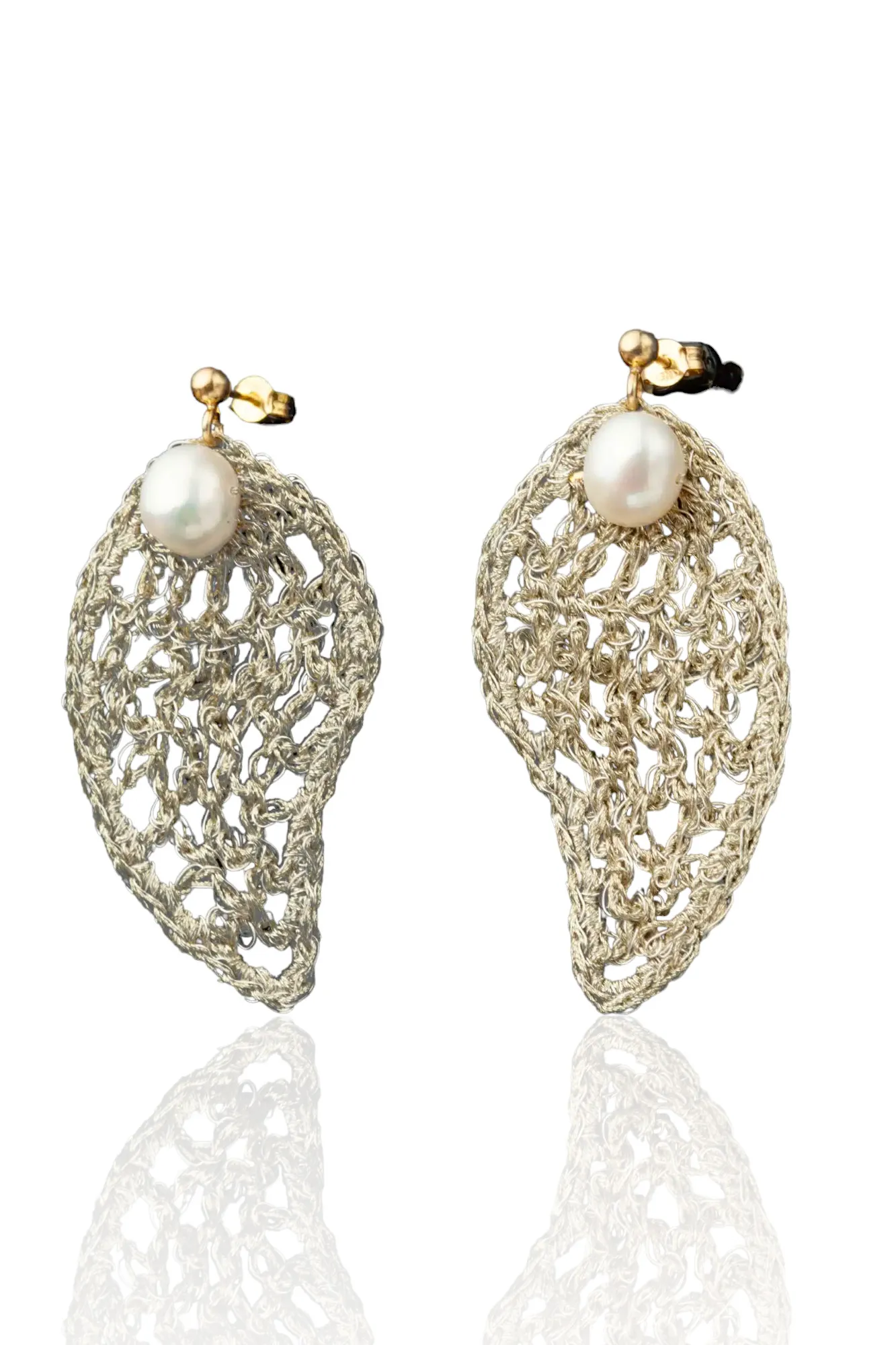 Handmade Jewellery | Paisley crochet knit silver earrings with pearls main