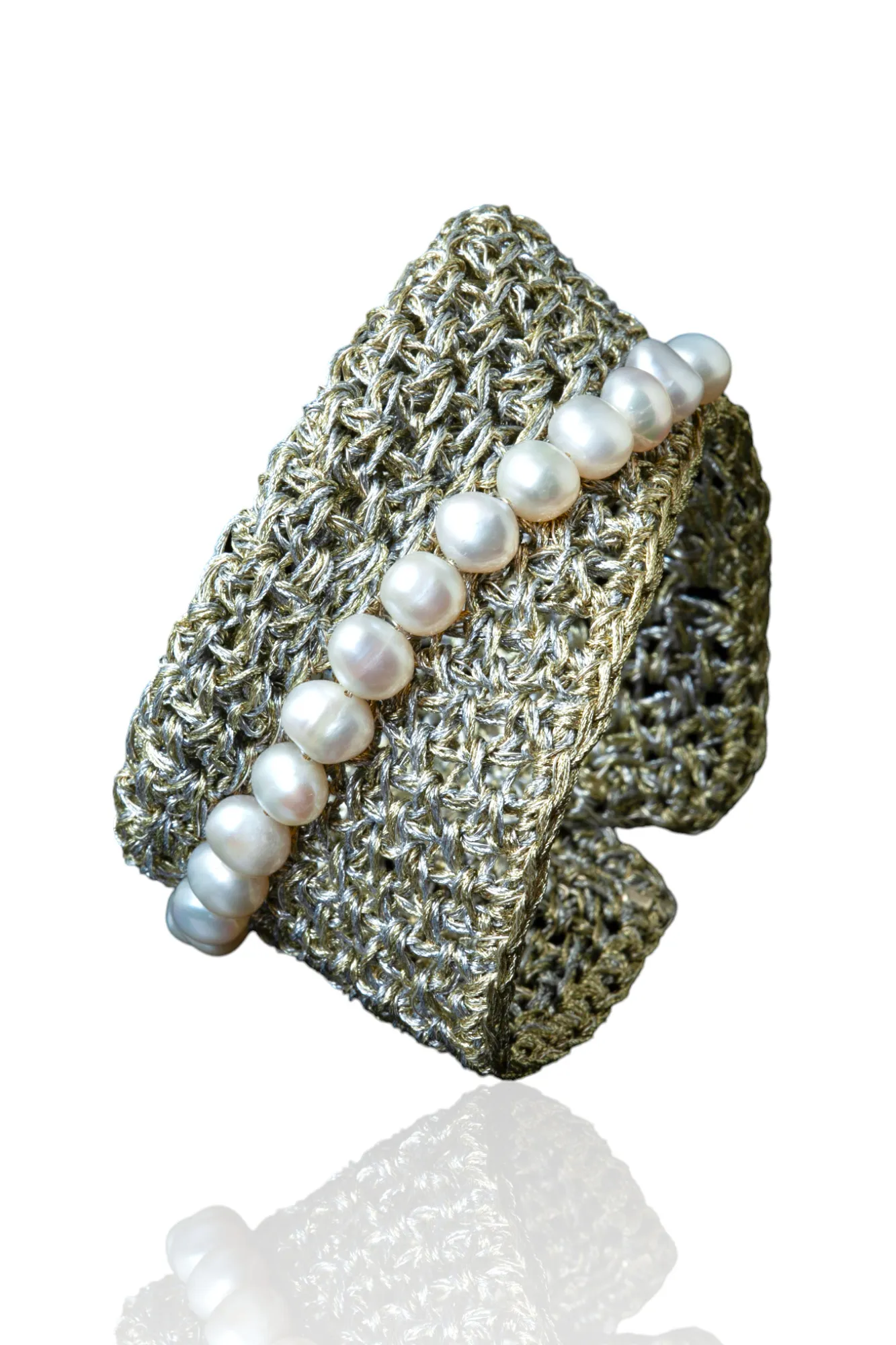 Handmade Jewellery | Crochet knit silver bracelet with pearls main