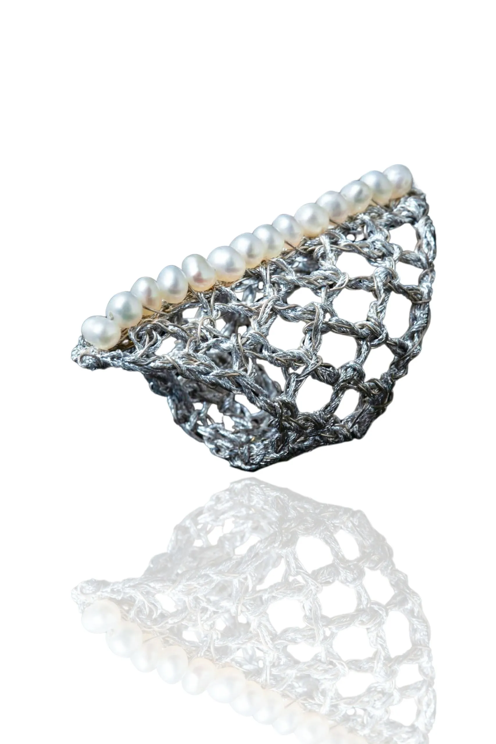Handmade Jewellery | Crochet knit silver ring with pearls main