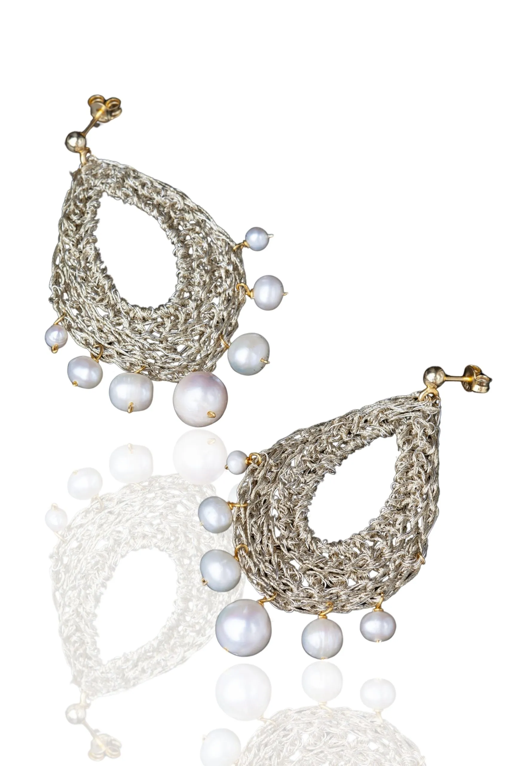 Handmade Jewellery | Teardrop crochet knit silver earrings with and pearls main