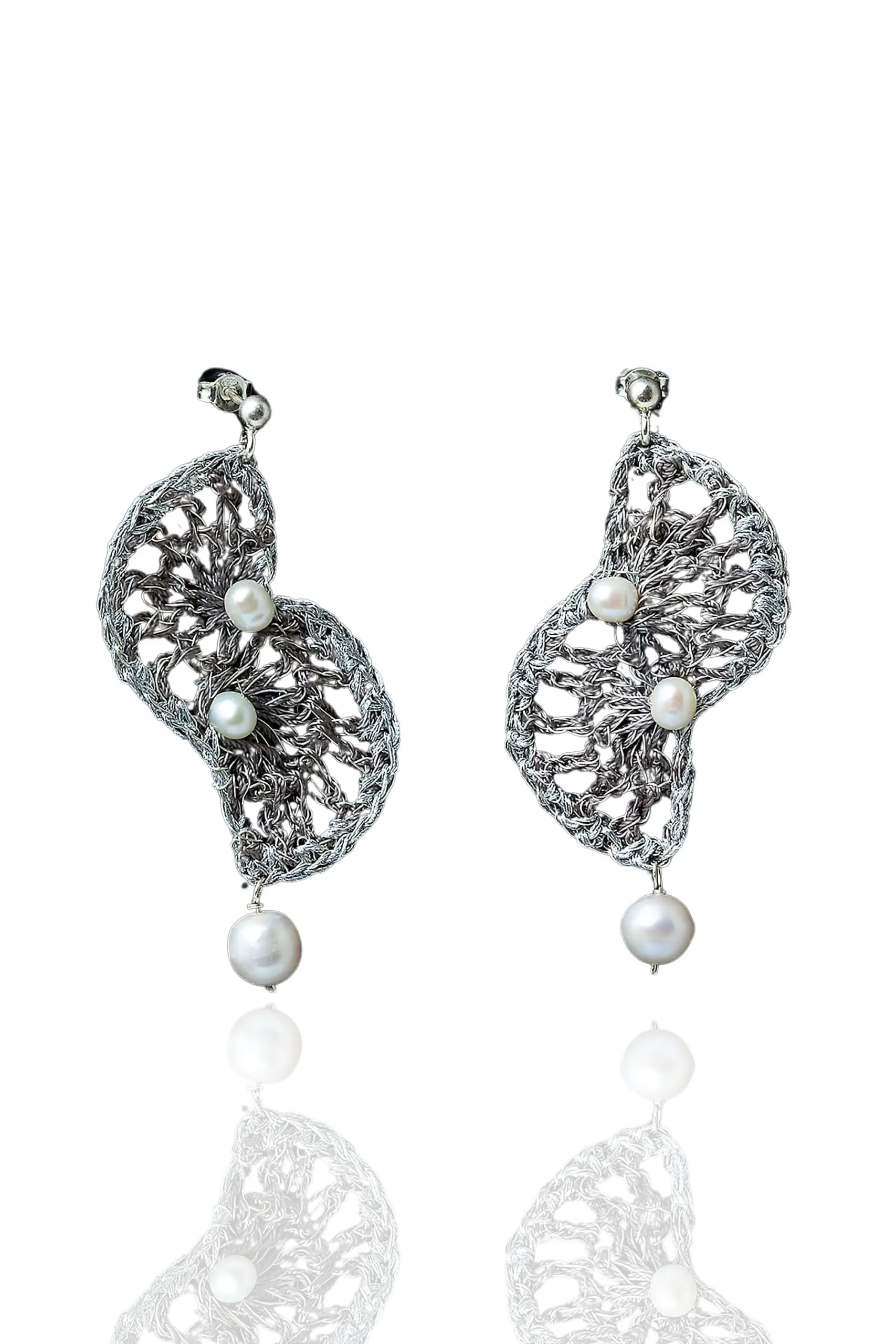 Handmade Jewellery | Fans crochet knit silver earrings with pearls main